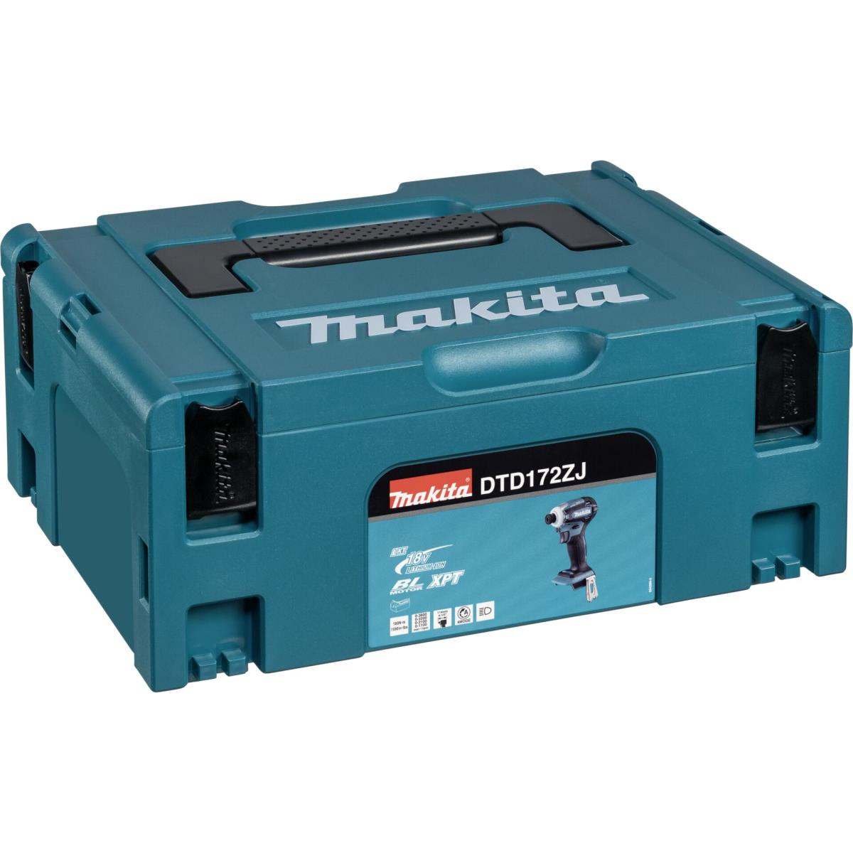 Una caja de herramientas Makita de color turquesa con asa y cierres negros. Contiene un atornillador de impacto Makita DTD172ZJ.