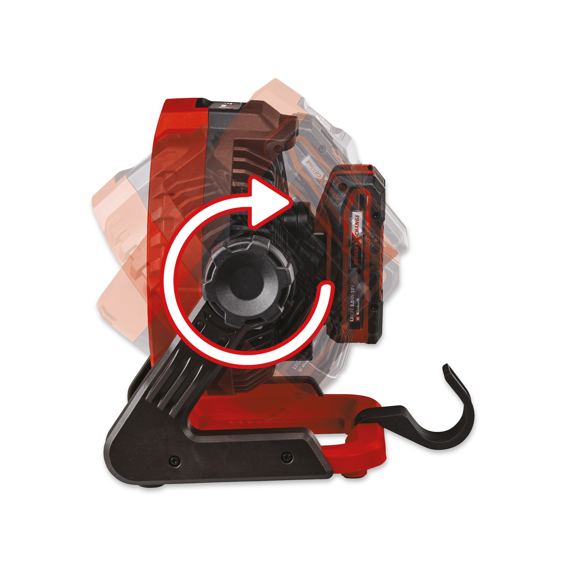 Czerwono-czarna lampa robocza z białą strzałką, baterią i czarnym hakiem. Lampa jest na białym tle.