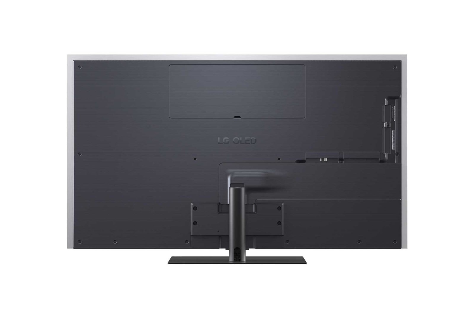 Arrière d'un téléviseur LG OLED. Il a un panneau arrière gris foncé, un cadre argenté et un pied noir.