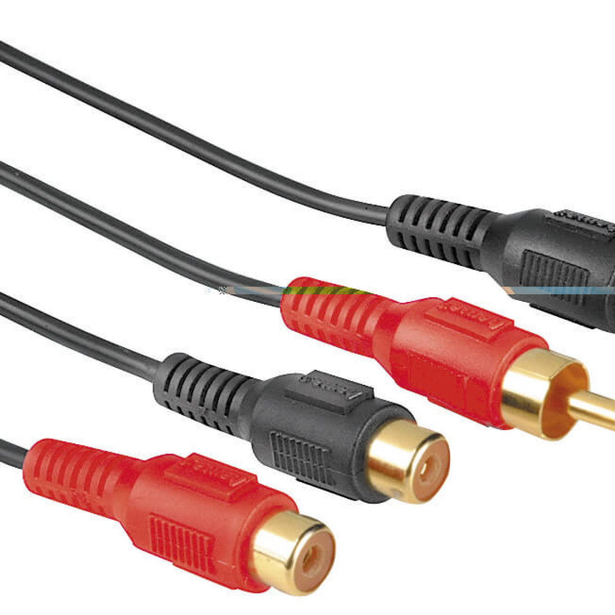 Close-up of three audio/video cables. Black cables with red and black connectors, gold-colored tips, against a white background.