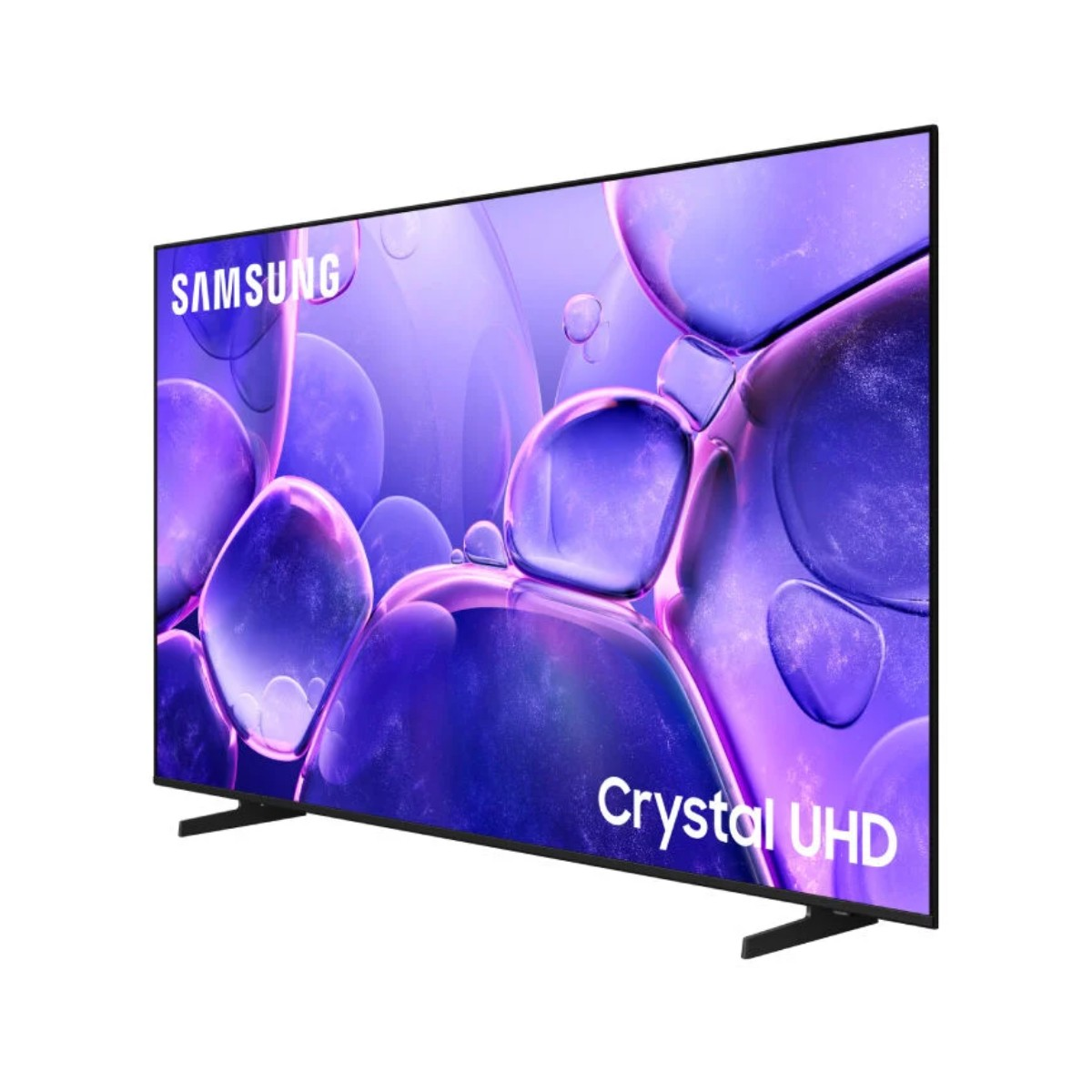 Telewizor Samsung Crystal UHD. Ekran wyświetla fioletowe abstrakcyjne kształty. Czarna ramka, czarny stojak. Widoczne Samsung i Crystal UHD.