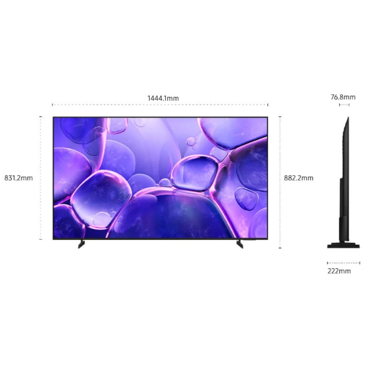 Telewizor z fioletowym, abstrakcyjnym wyświetlaczem bąbelkowym, wymiary: 1444,1 mm x 831,2 mm (przód) i 76,8 mm x 882,2 mm (bok), ze stojakiem.