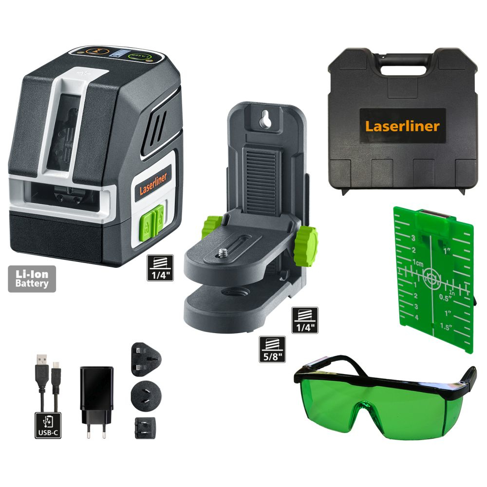 Laser-Nivellier-Kit mit Zubehör: Nivelliergerät, Halterung, Koffer, Ziel, Brille, Ladegerät und Adapter. Schwarz und Grün.