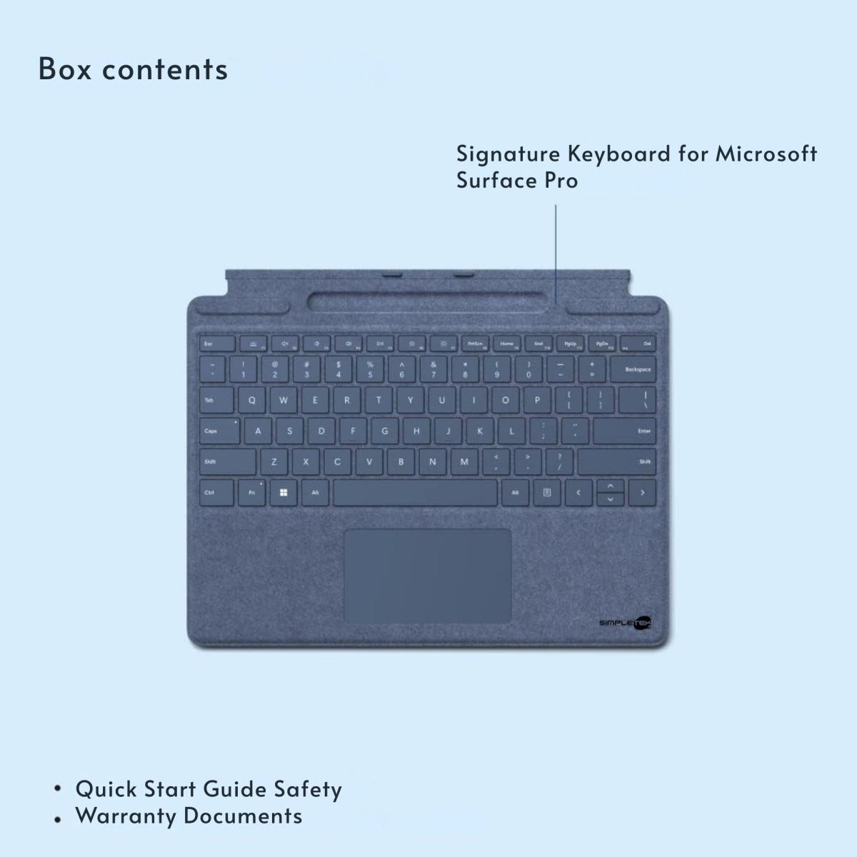 Niebieska klawiatura Signature dla Microsoft Surface Pro. Zawiera klawiaturę, gładzik i jest oznaczona słowem SIMPLEST.