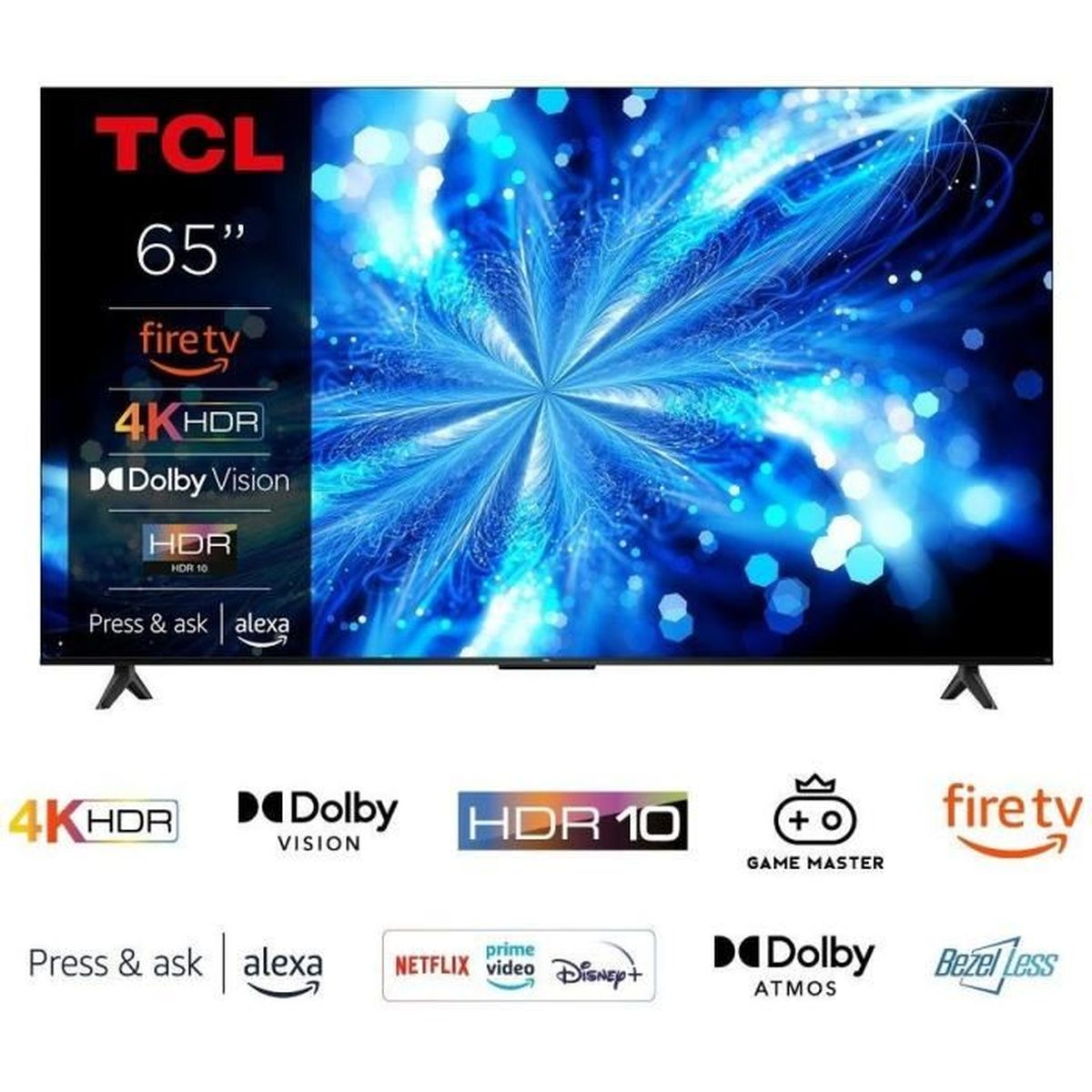 Telewizor TCL 65". Funkcje obejmują 4K HDR, Dolby Vision, HDR 10 i Fire TV. Dodatkowe logo Netflix, Disney+ i Alexa.