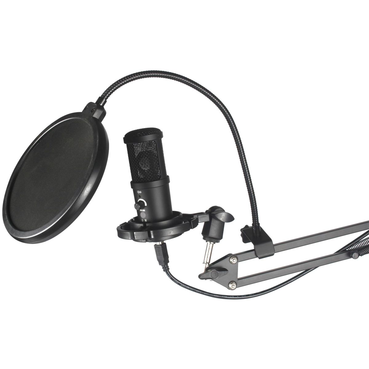 Czarny mikrofon z filtrem pop i regulowanym ramieniem na białym tle. Mikrofon znajduje się na środku obrazu.