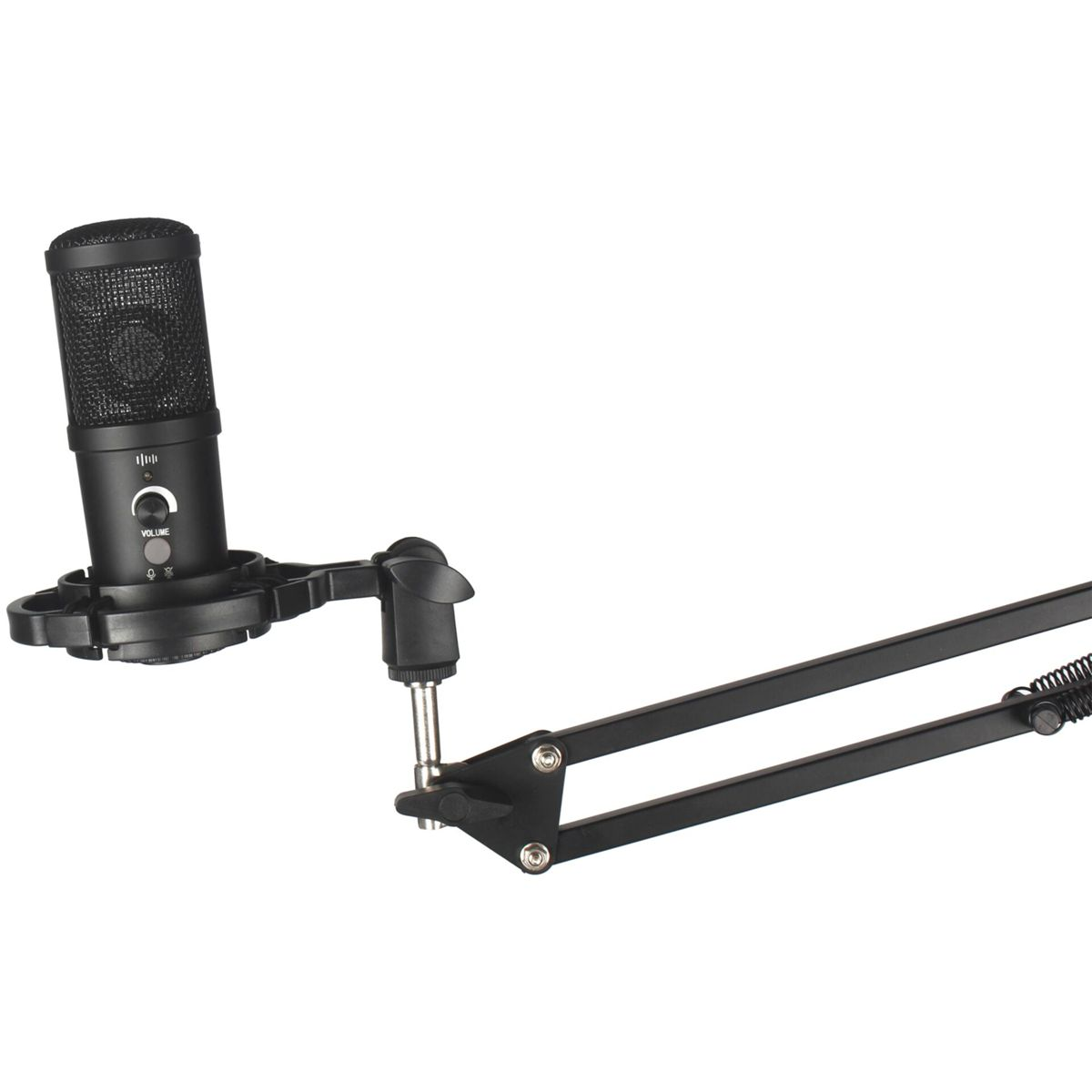 Czarny mikrofon zamontowany na czarnym ramieniu. Mikrofon ma siatkową głowicę i regulację głośności. Białe tło.