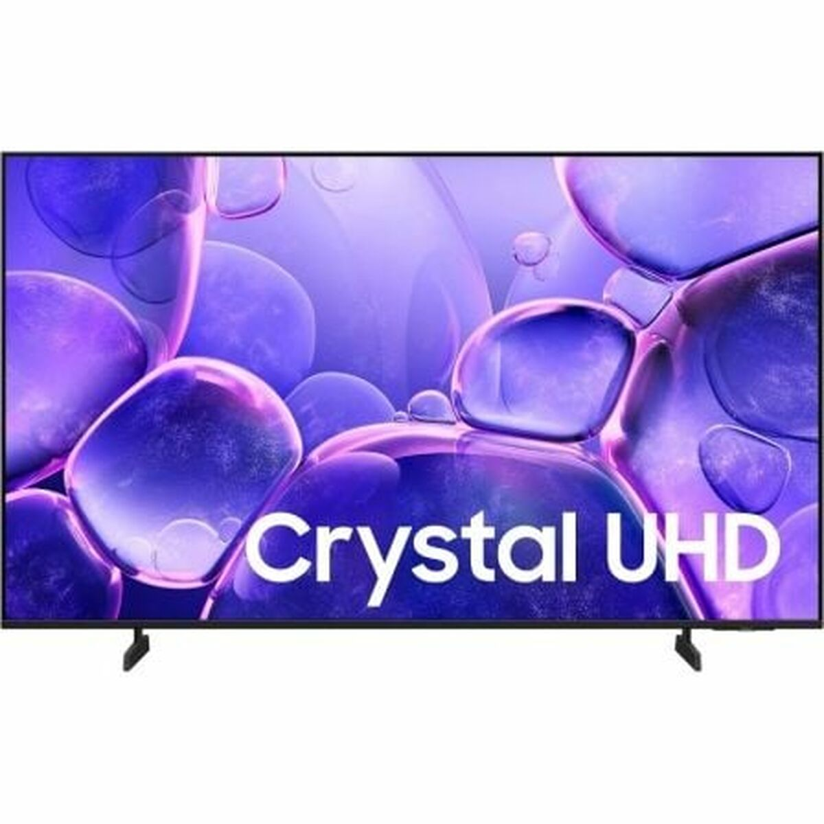 Telewizor Crystal UHD z fioletowym abstrakcyjnym tłem. Telewizor jest czarny, z napisem Crystal UHD na ekranie.