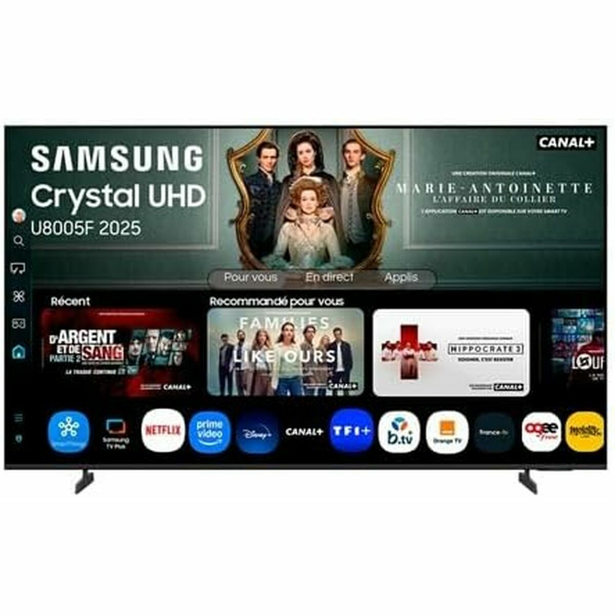 Telewizor Samsung Crystal UHD wyświetla ekran wyboru filmów. Tytuły to m.in. 'Marie Antoinette' i 'Families Like Ours'.