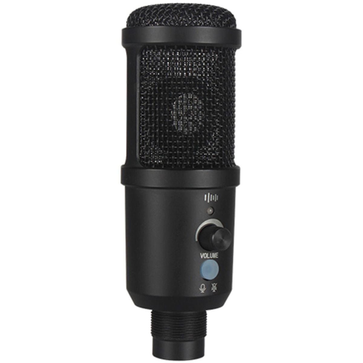 Czarny mikrofon z siatkową głowicą i regulacją głośności. Podstawa ma pokrętło głośności, niebieski przycisk i gwintowaną podstawę.
