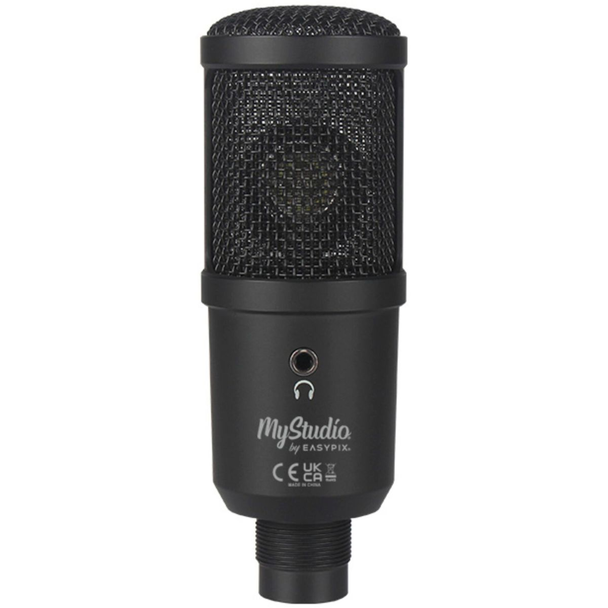 Czarny mikrofon studyjny z siatkową głowicą. Posiada logo i znaki certyfikacji na obudowie. Jest przeznaczony do nagrywania.