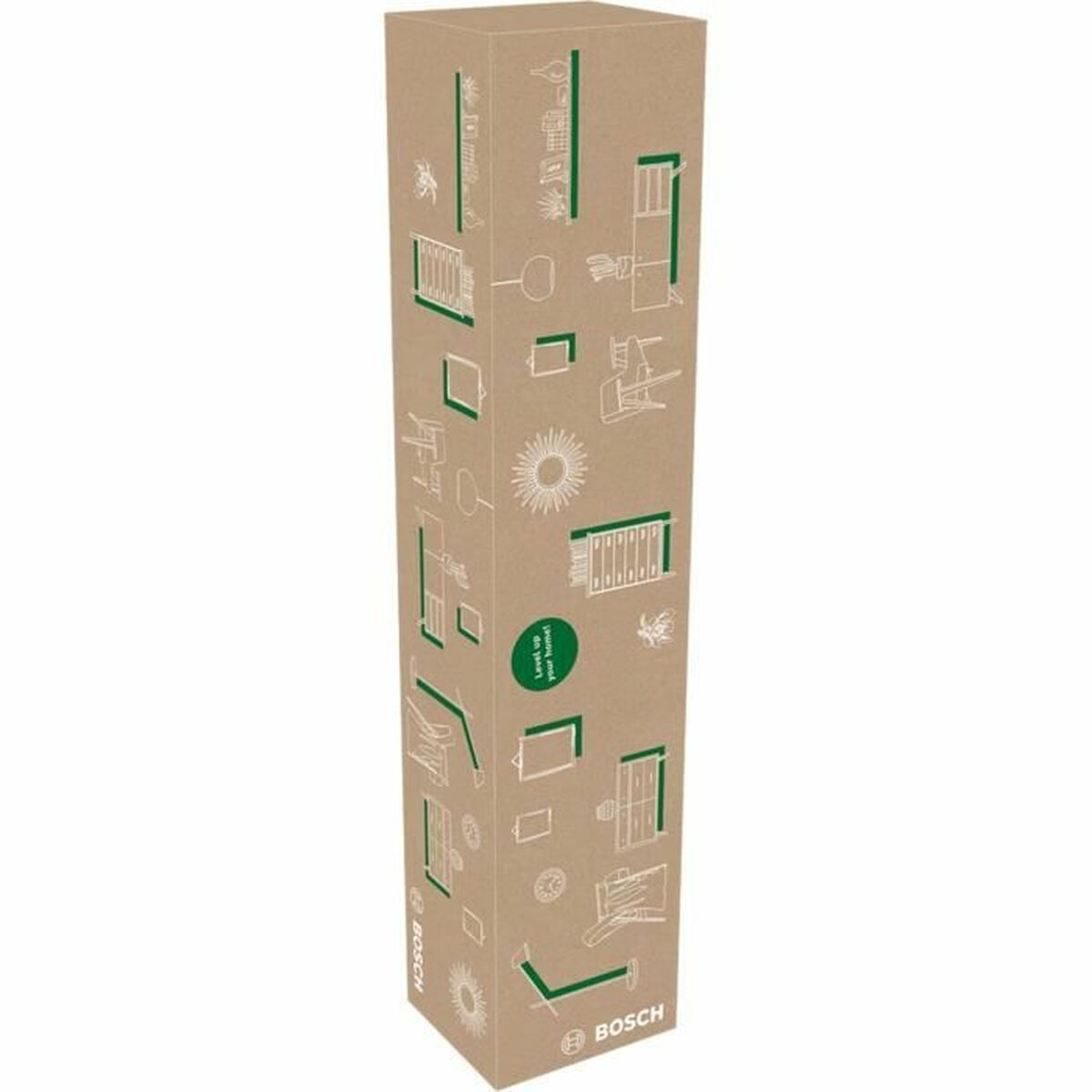 Wysokie brązowe kartonowe pudełko z zielonymi rysunkami linii przedmiotów domowych. Logo Bosch znajduje się na dole.