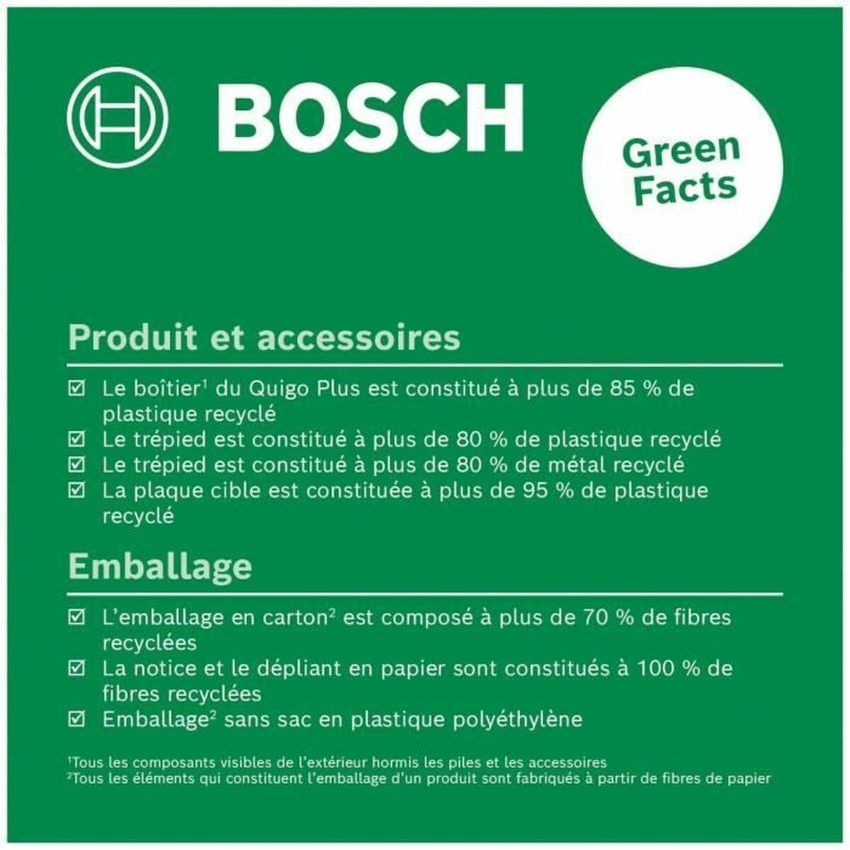 Informacje o produkcie Bosch dotyczące ekologicznych faktów. Zawiera szczegółowe informacje na temat zawartości tworzyw sztucznych i metali pochodzących z recyklingu oraz materiałów opakowaniowych z recyklingu.