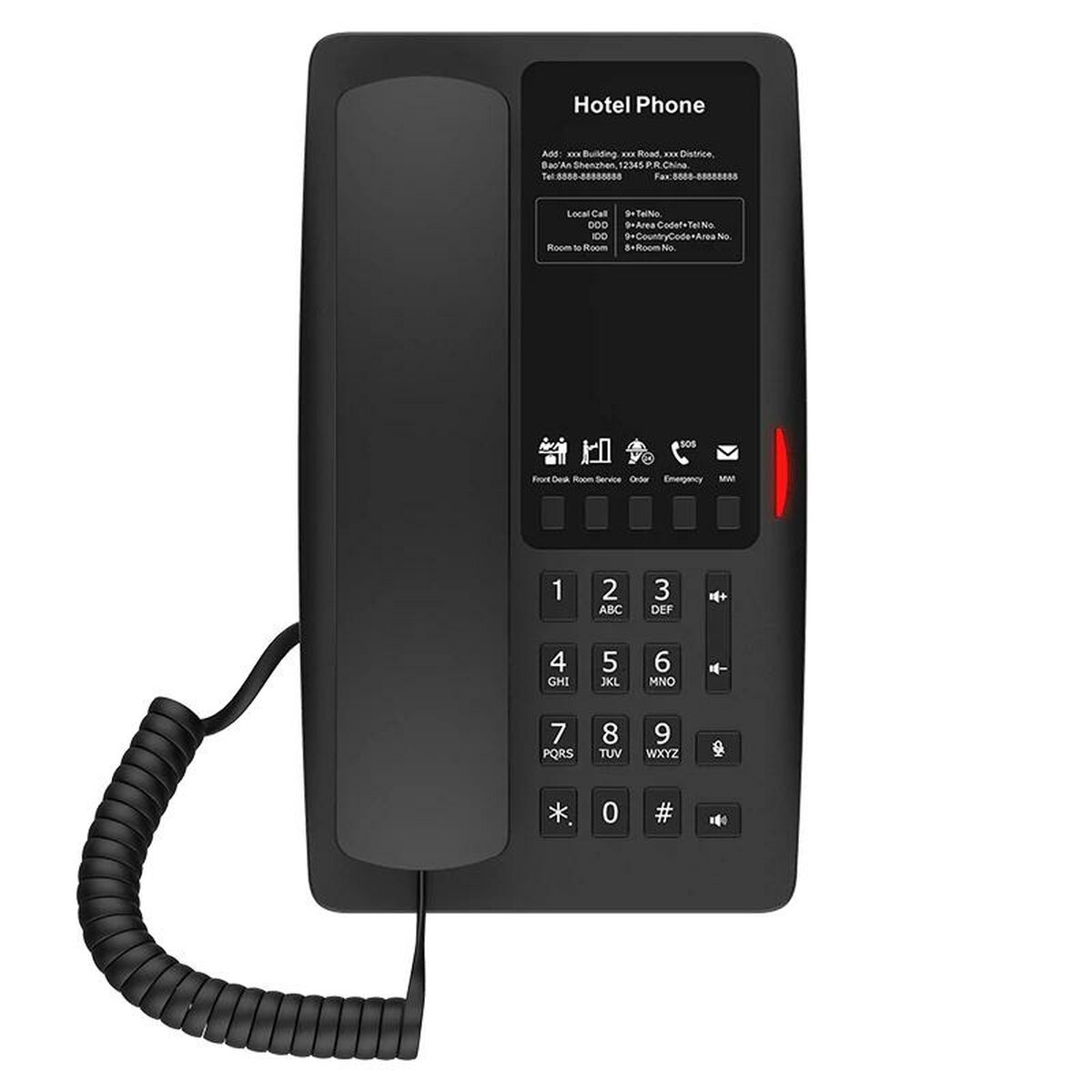 Telefono nero da hotel con tasti numerici, altoparlante e cavo. Contiene testo con informazioni sull'hotel.