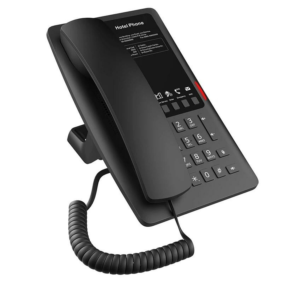 Telefono nero da hotel con tastiera e cornetta. La cornetta è su una culla. Il telefono ha uno schermo e un cavo a spirale.