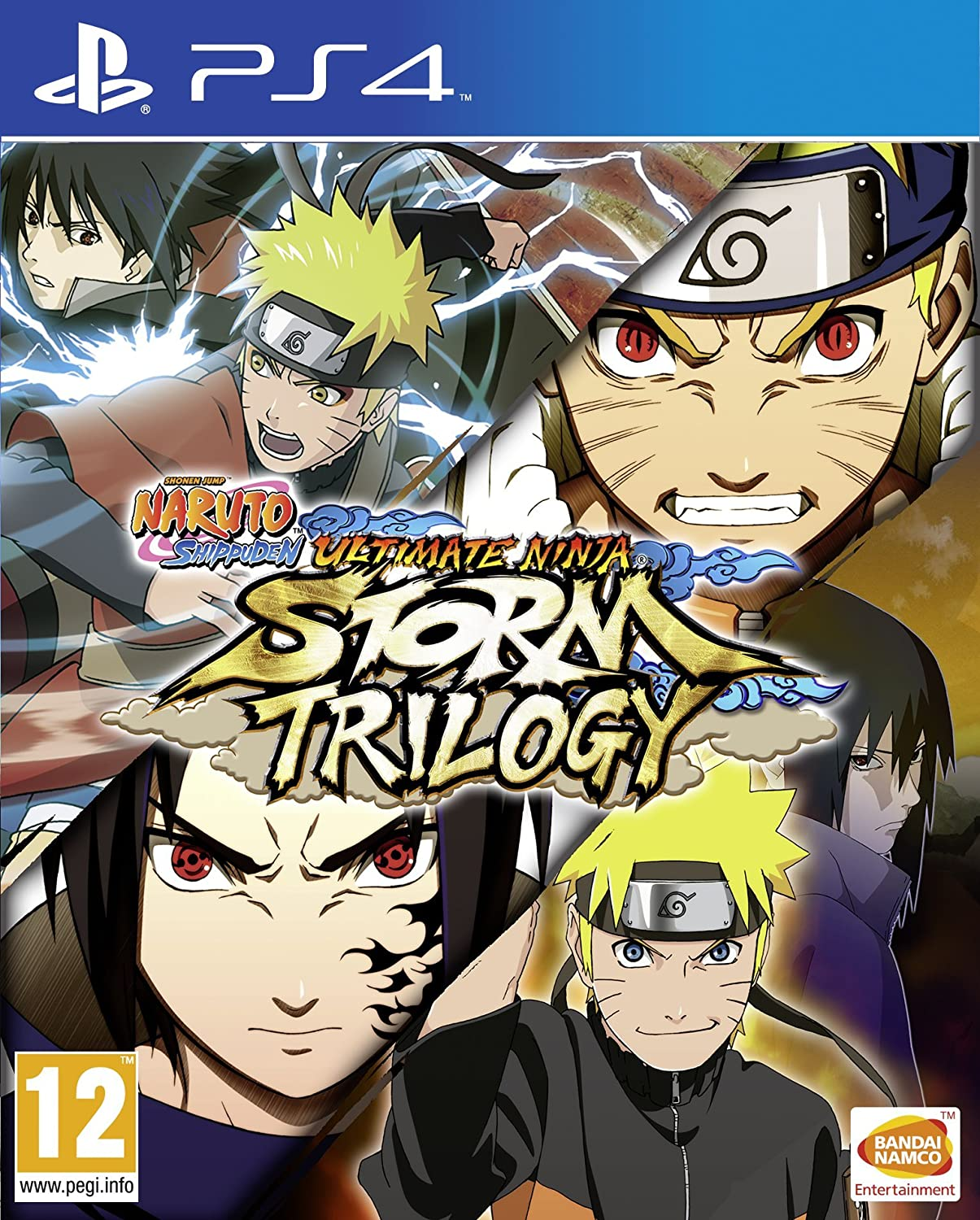 Portada del juego Naruto Shippuden: Ultimate Ninja Storm Trilogy. Presenta a Naruto y otros personajes. El logo de PS4 está arriba.