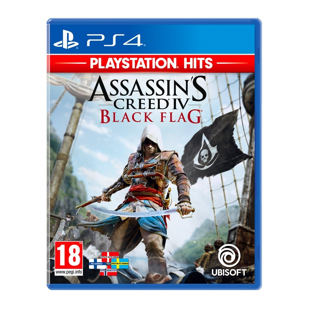 Okładka gry Assassin's Creed IV Black Flag. Pirat z mieczami stoi na statku. Flaga z czaszką w tle.