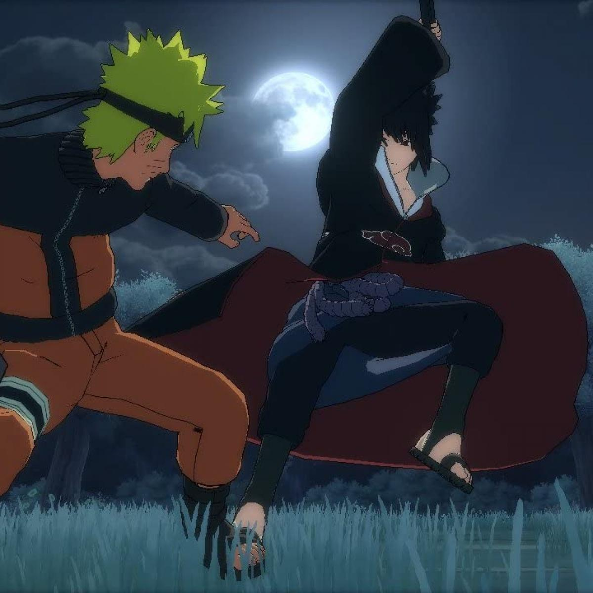Dos personajes de anime en combate. Uno con pelo rubio y atuendo naranja, el otro con ropa negra. Una luna llena en el fondo.