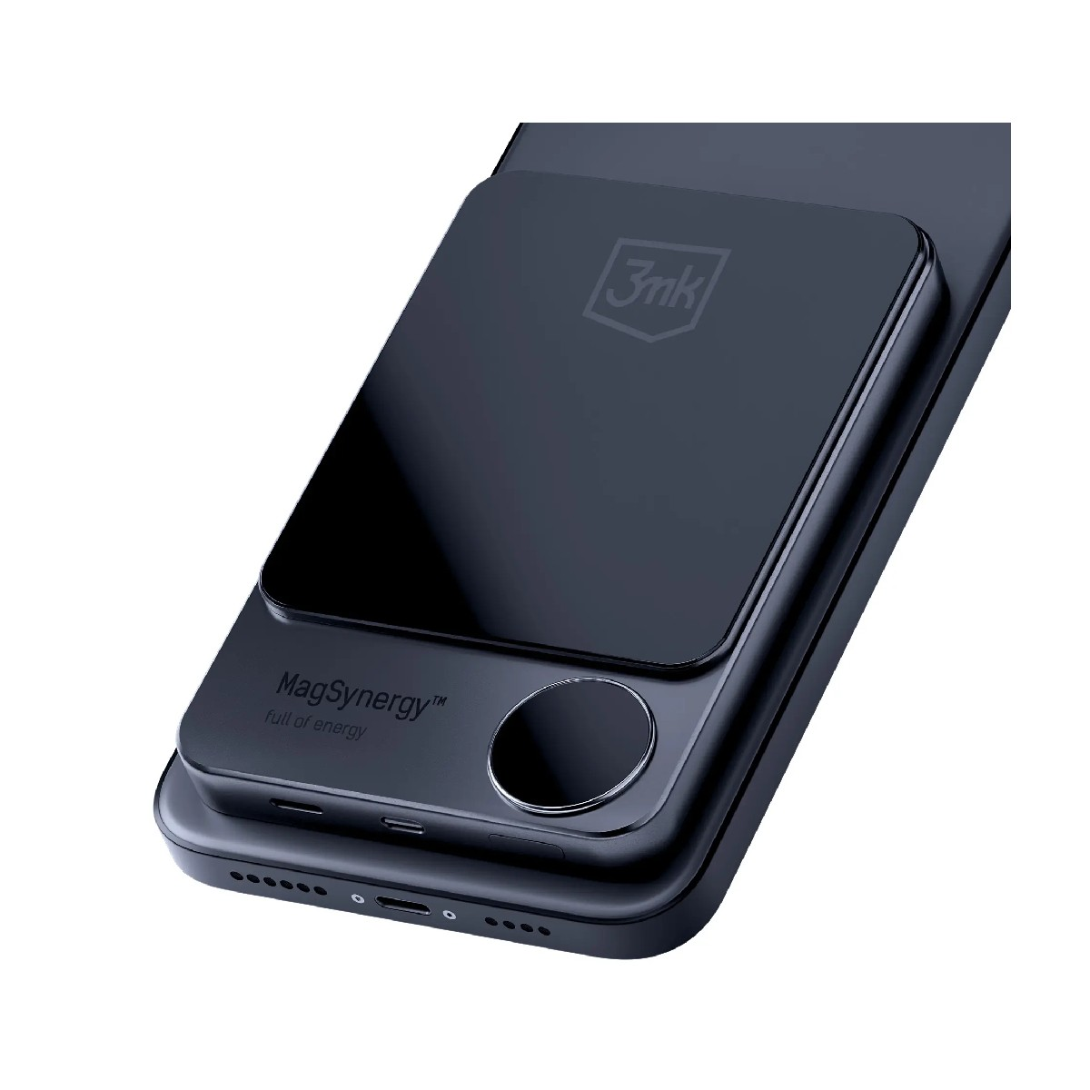 Czarny telefon z ładowarką bezprzewodową na górze. Ładowarka ma logo i napis 'MagSynergy full of energy'.