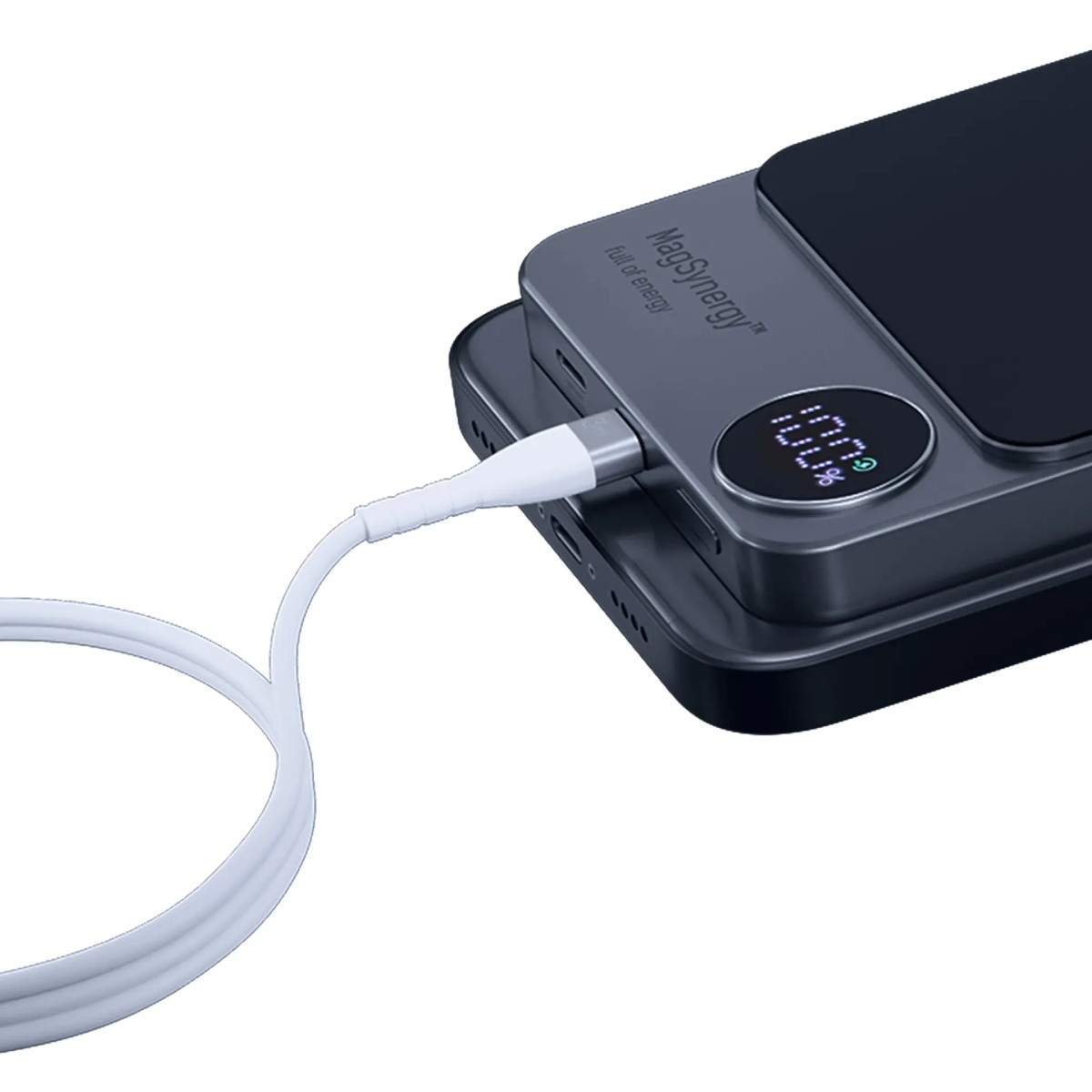 Czarny i szary power bank z białym kablem ładującym. Wyświetlacz pokazuje 100%.