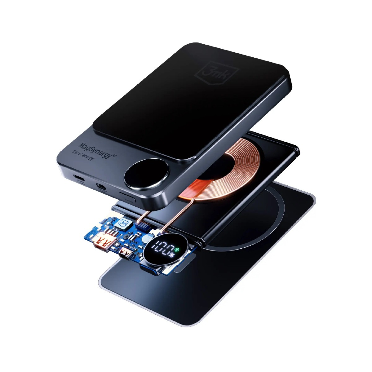 Czarna ładowarka bezprzewodowa z odsłoniętymi elementami wewnętrznymi. Posiada cewkę, płytkę obwodu i wyświetlacz cyfrowy pokazujący 100% naładowania.