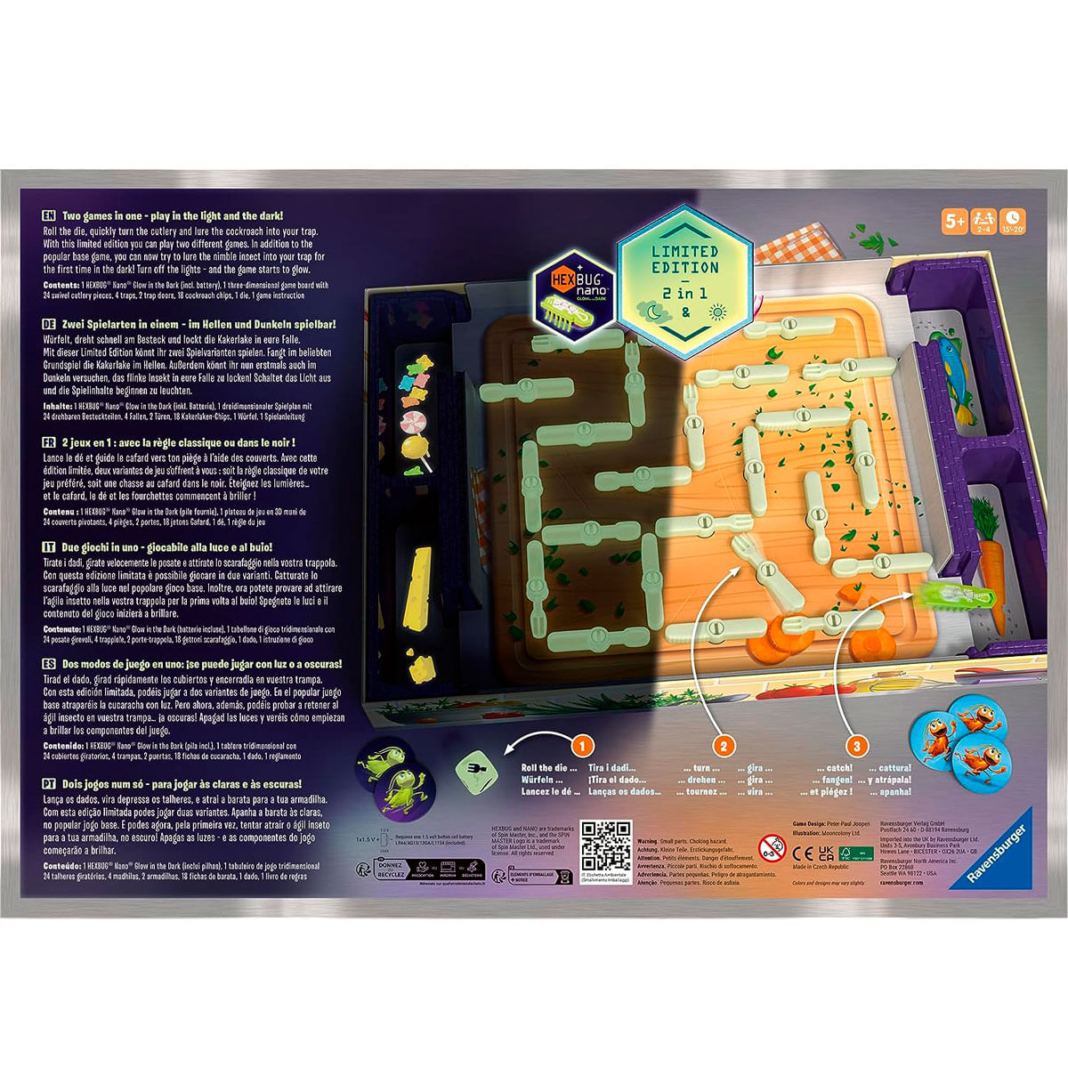 Caja de juego de mesa con piezas. Incluye tablero, cubiertos y piezas de insectos.