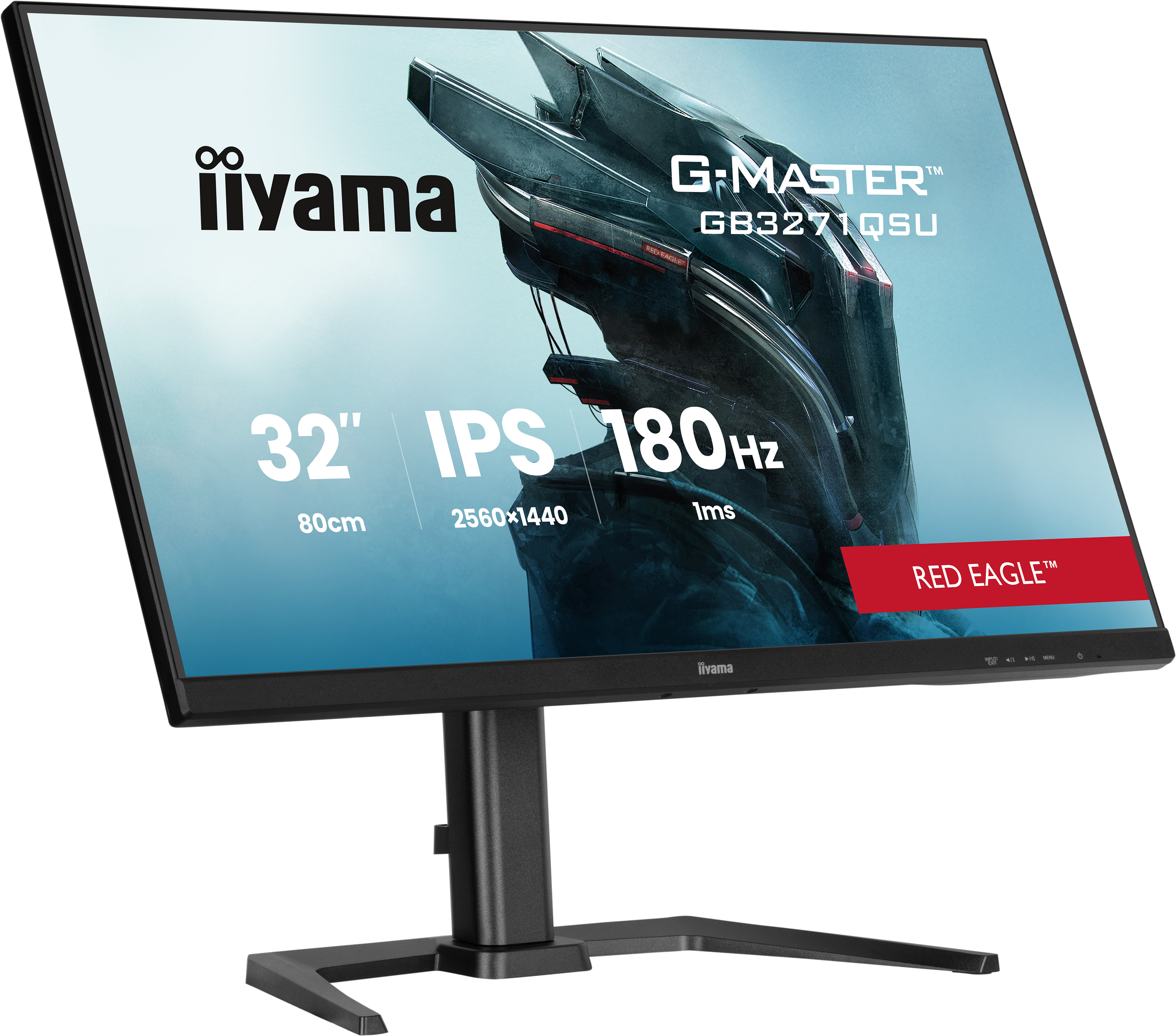 Monitor Iiyama G-Master. Cornice nera, supporto nero. Lo schermo mostra le specifiche: 32", IPS, 180Hz, 1ms. Logo Red Eagle.