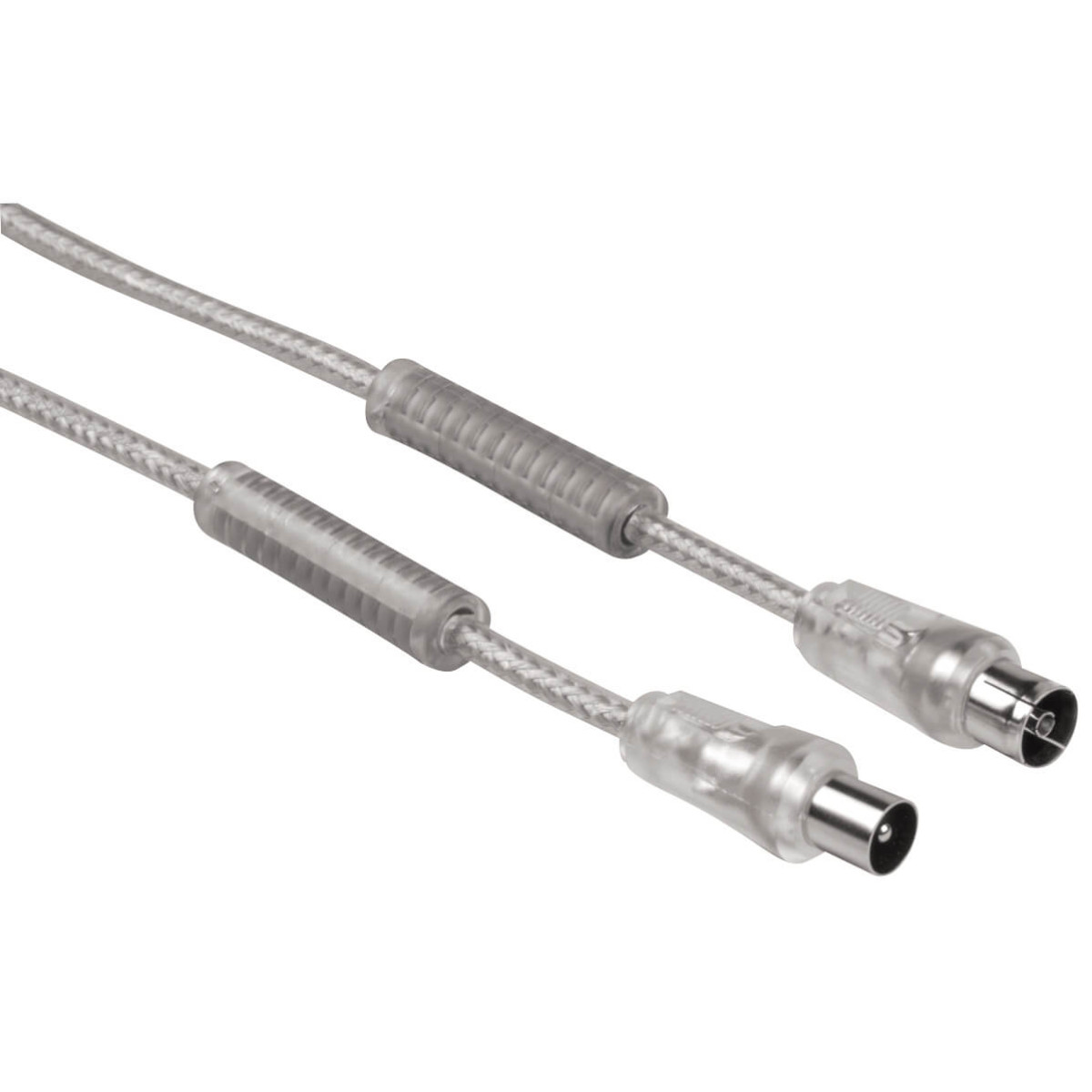 Twee grijze coaxkabels met doorzichtige plastic connectoren. De kabels staan schuin en tonen hun volledige lengte en details van de stekkers.