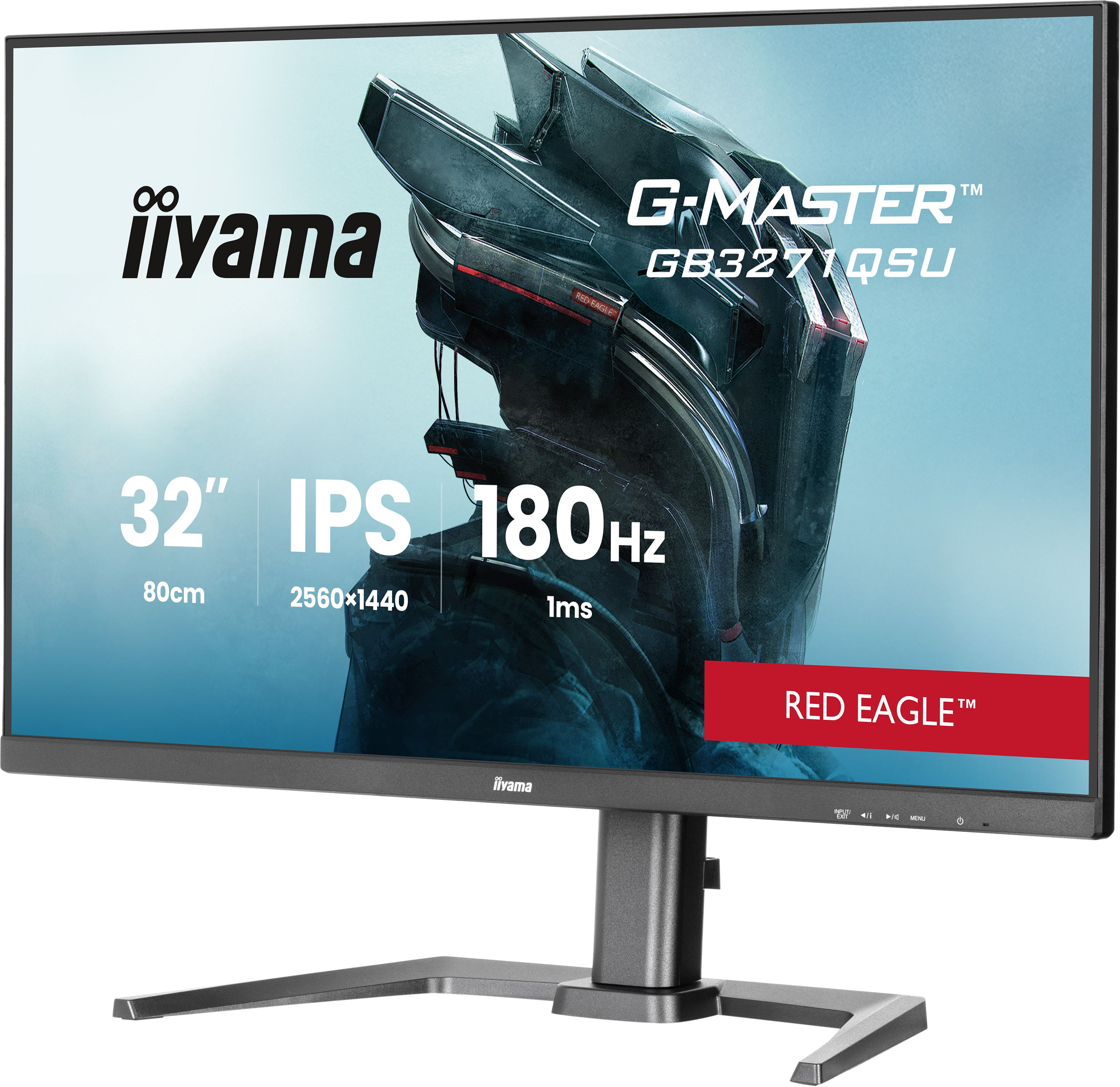 Un monitor Iiyama mostra le specifiche: 32", IPS, 180Hz, 2560x1440. Lo schermo mostra un design.
