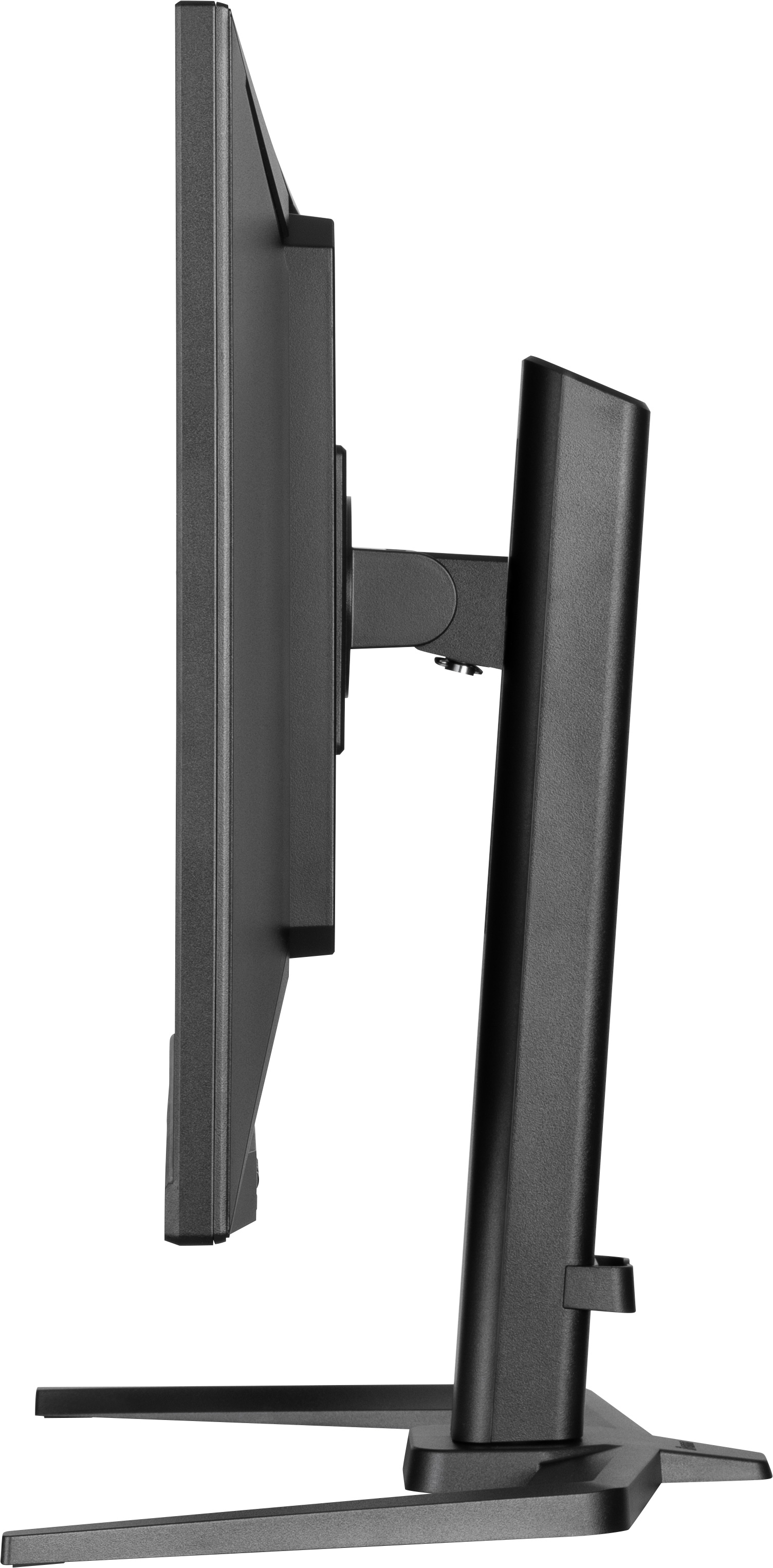 Una vista laterale di un monitor del computer nero. Il monitor è montato su un supporto con una base.