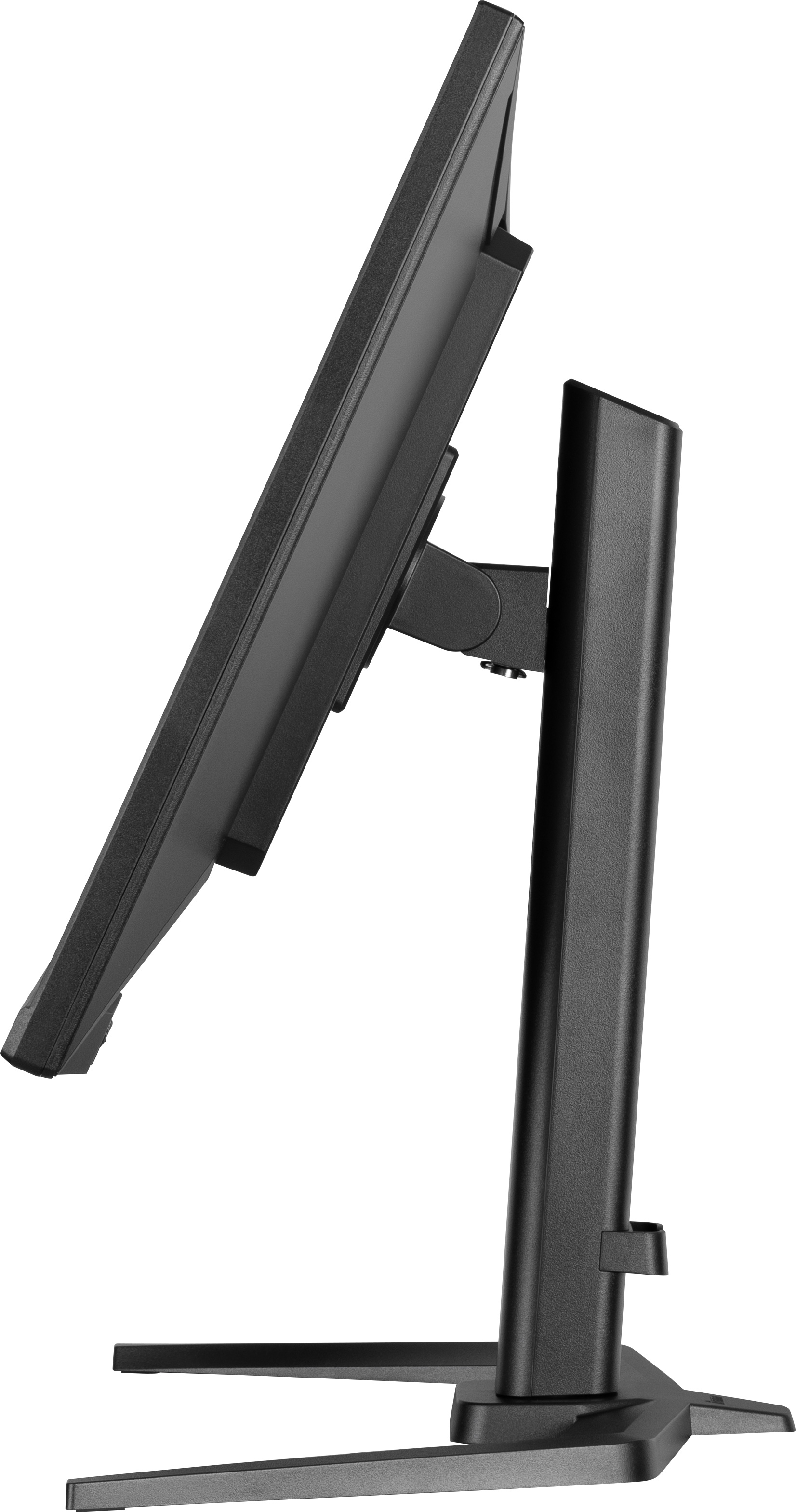 Monitor per computer nero, vista laterale. Ha un supporto ed è inclinato. Lo sfondo è bianco.