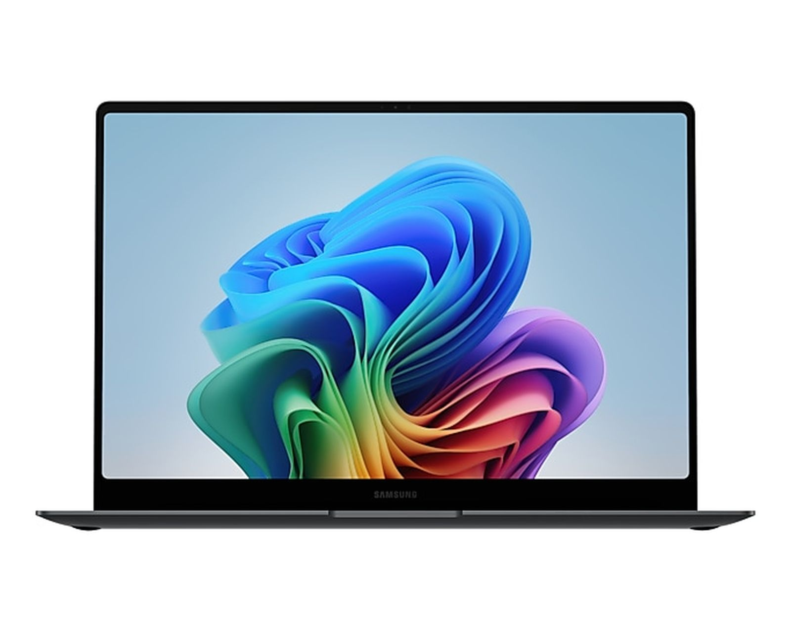 Laptop Samsung z kolorowym, abstrakcyjnym wzorem na ekranie. Tło jest białe.