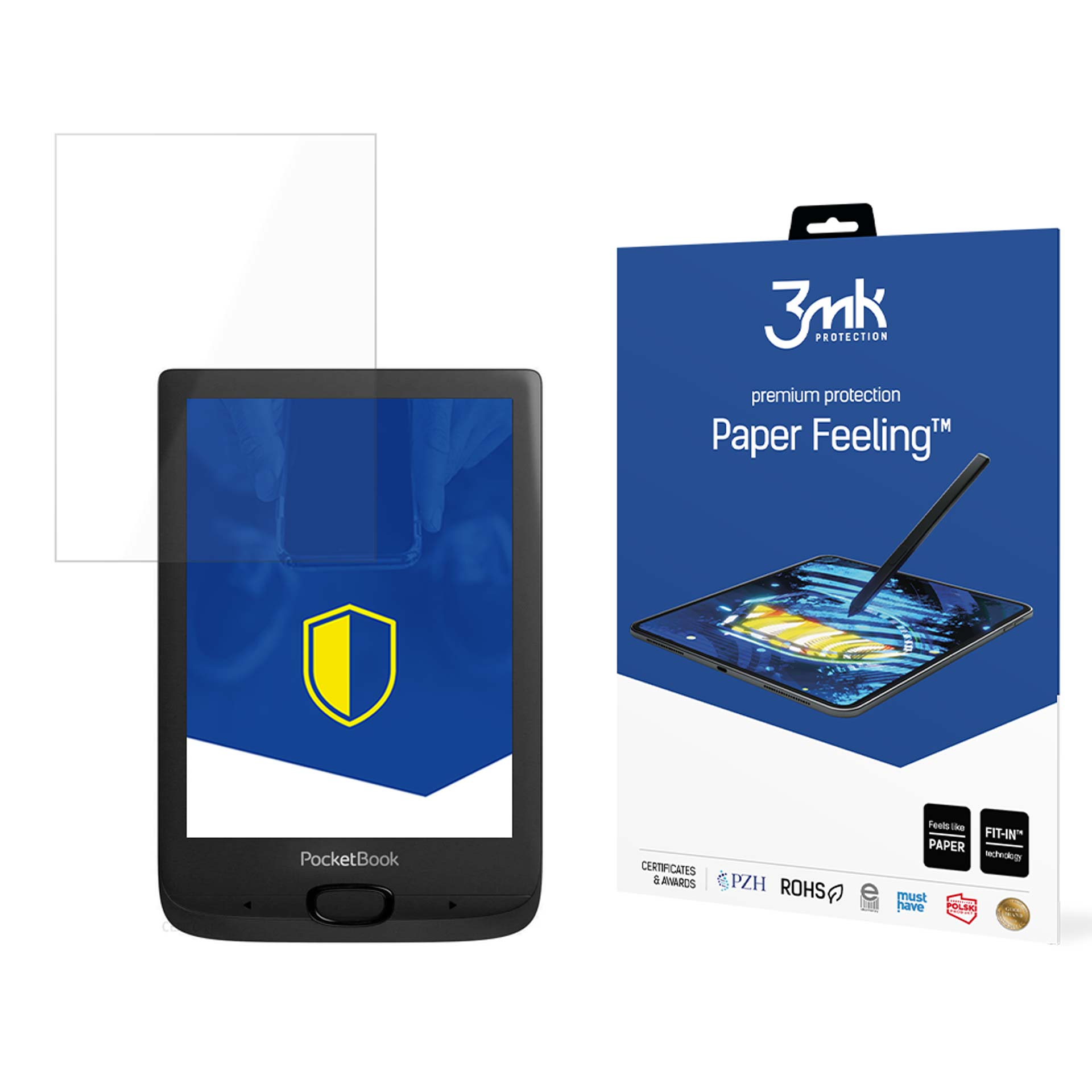 Un e-reader, una protezione schermo e una scatola del prodotto sono mostrati. La scatola dice 'Paper Feeling'. L'e-reader ha un logo giallo.