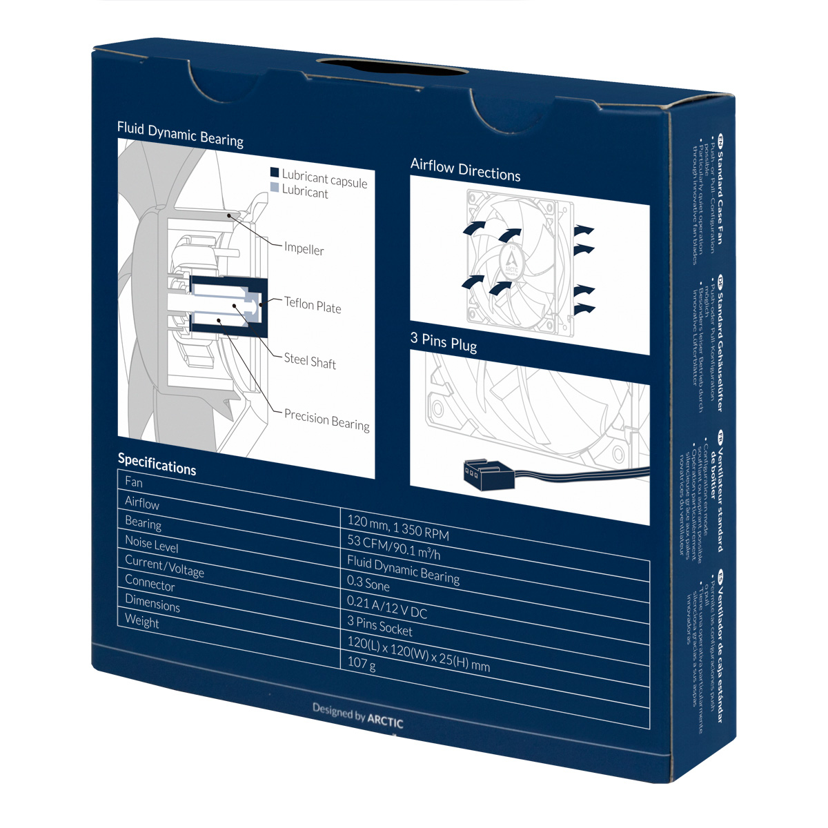 Box mit Lüfterdiagramm und Spezifikationen, einschließlich Luftstrom, Lager, Abmessungen und Gewichtsangaben.