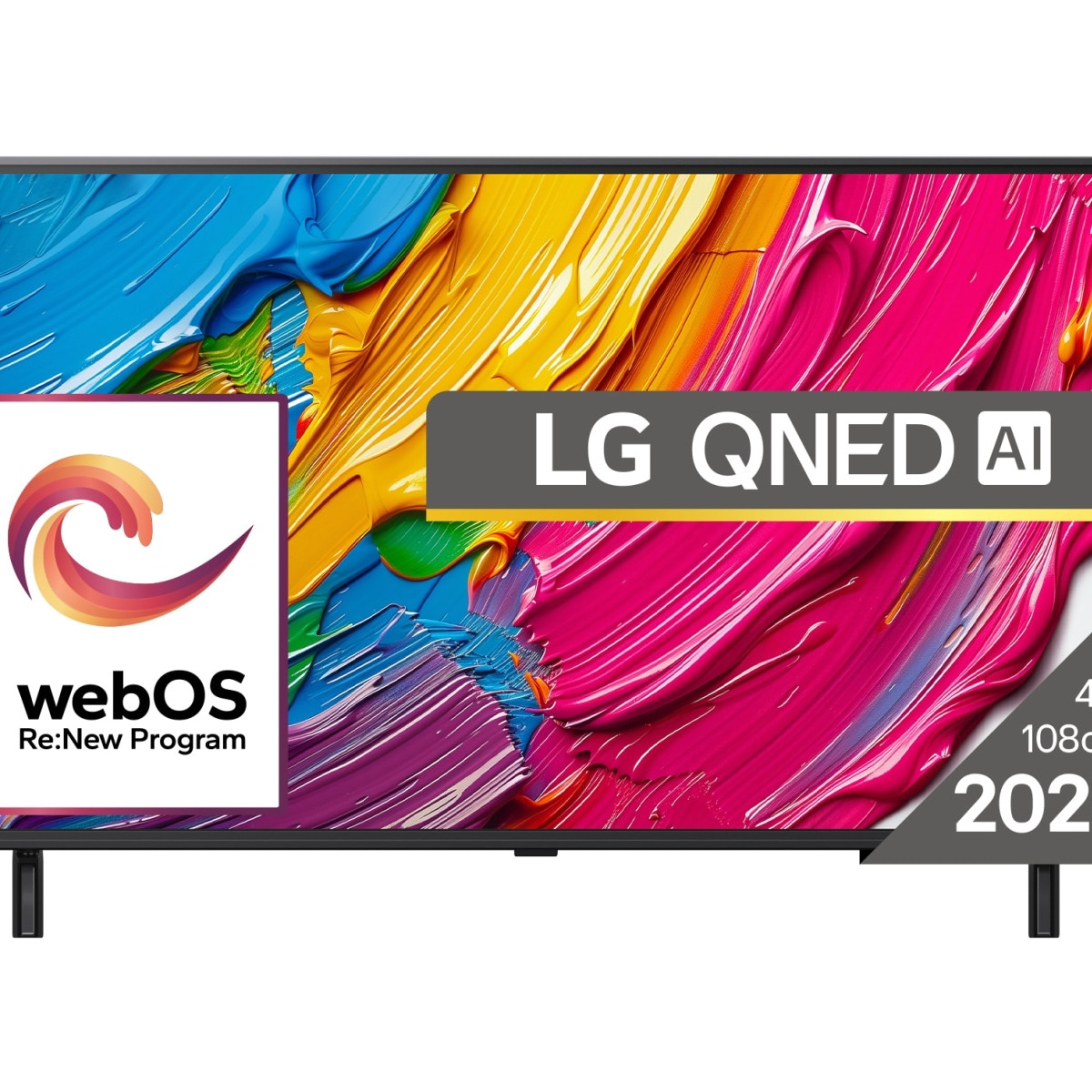 Telewizor LG QNED AI wyświetla kolorową sztukę abstrakcyjną. Widoczne są loga webOS i rozdzielczości 4K. Telewizor jest na białym tle.