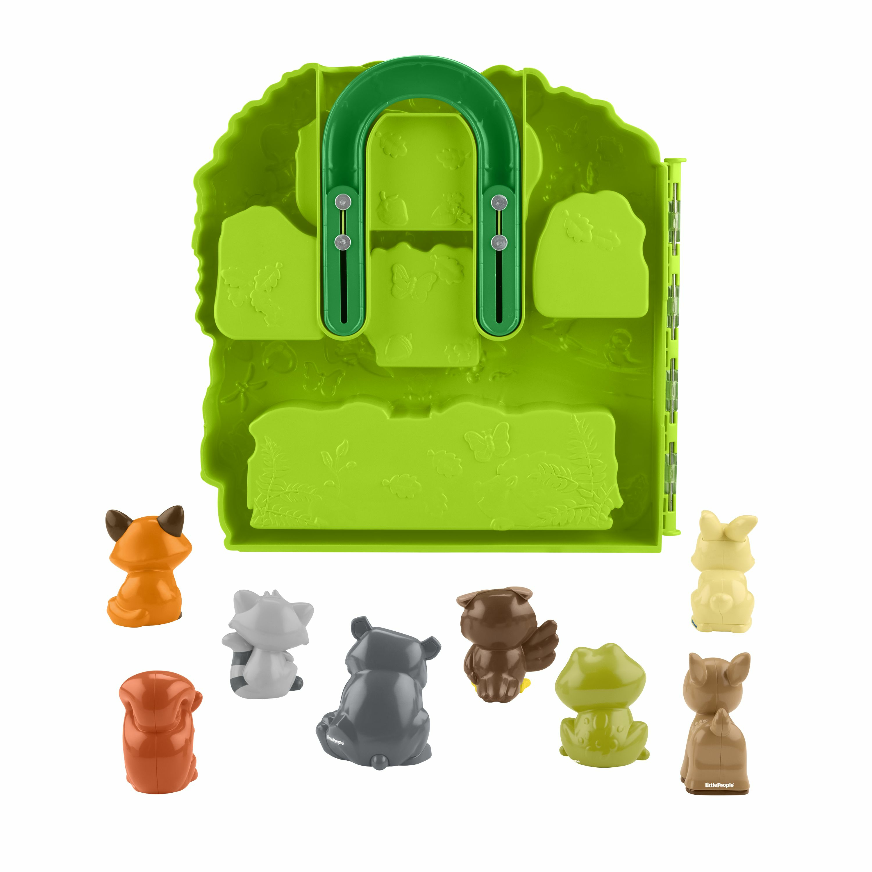 Een groen boomhut-speeltje met een handvat, omringd door verschillende dierenfiguren in verschillende kleuren.