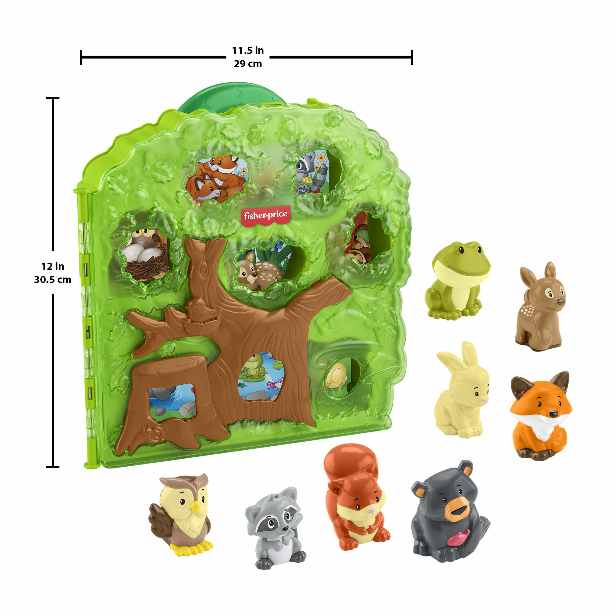 Een Fisher-Price bos speelset met verschillende dierenfiguren en een boomvormige achtergrond. De set bevat een kikker, beer en vos.