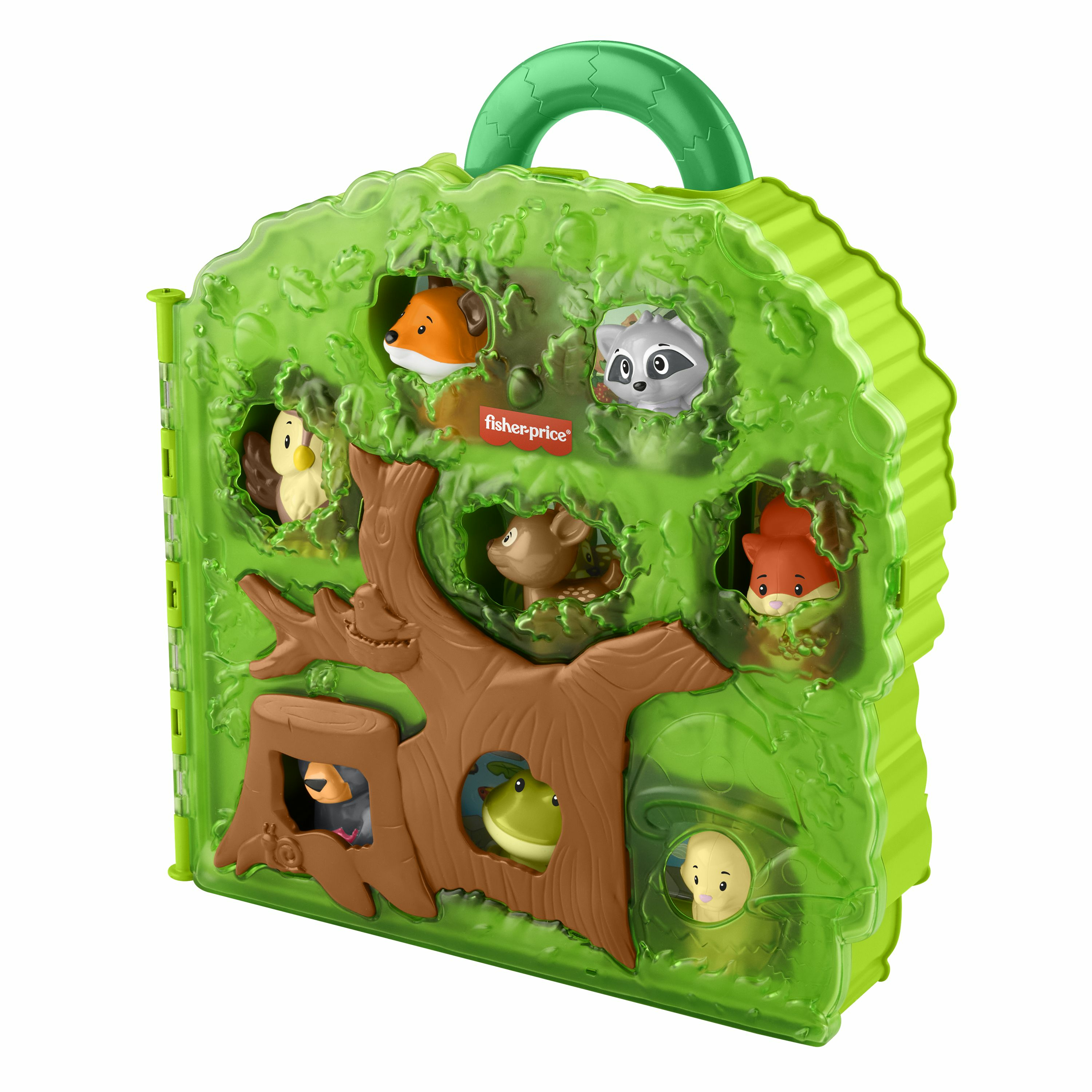 Een groene boomvormige speelgoedkoffer met dierenfiguren erin. Vos, wasbeer, uil, beer, eekhoorn, hert, kikker en konijn figuren zijn zichtbaar.