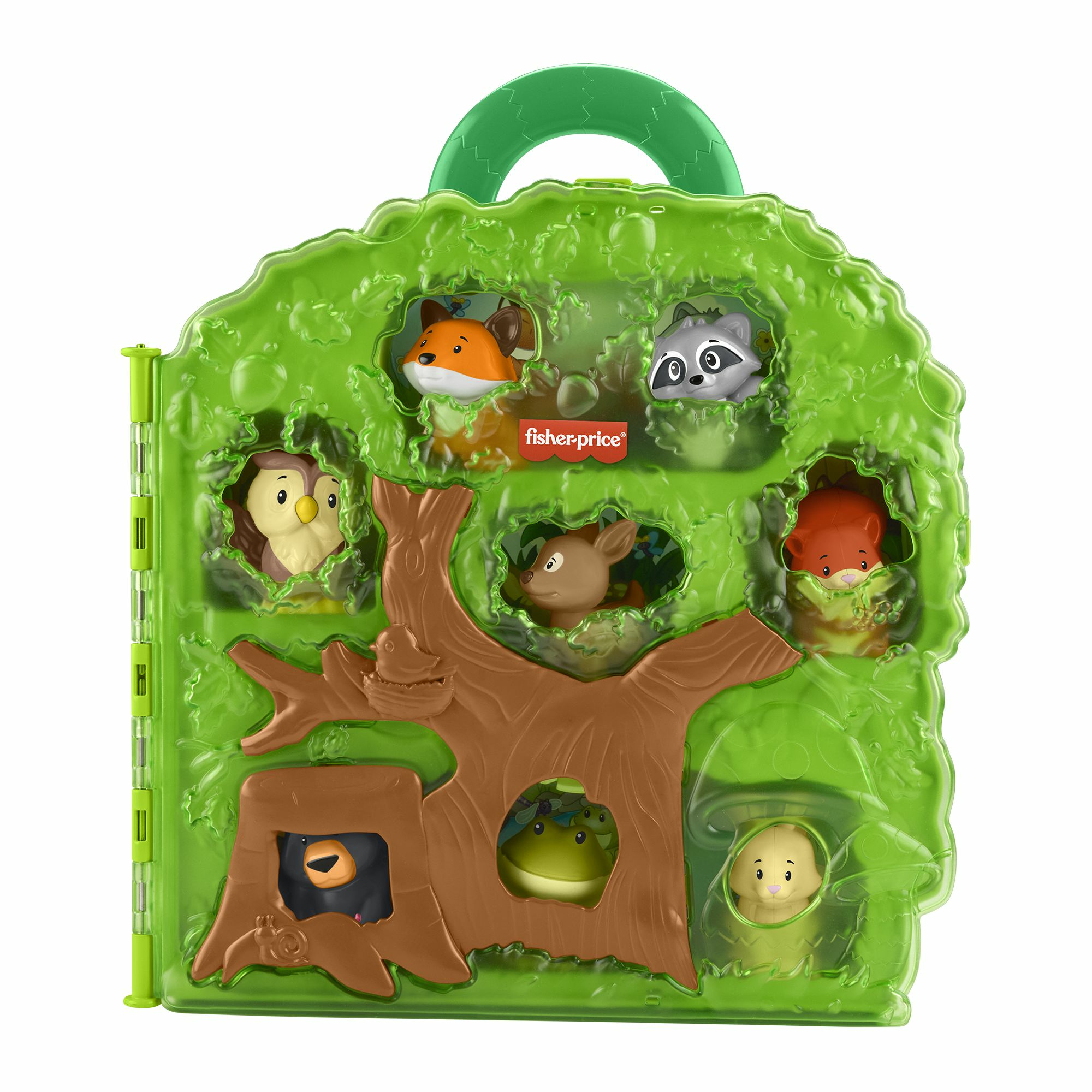 Een groene plastic boom met dierenfiguren. Een vos, wasbeer, uil, hert, eekhoorn, beer, kikker en konijn zijn zichtbaar.