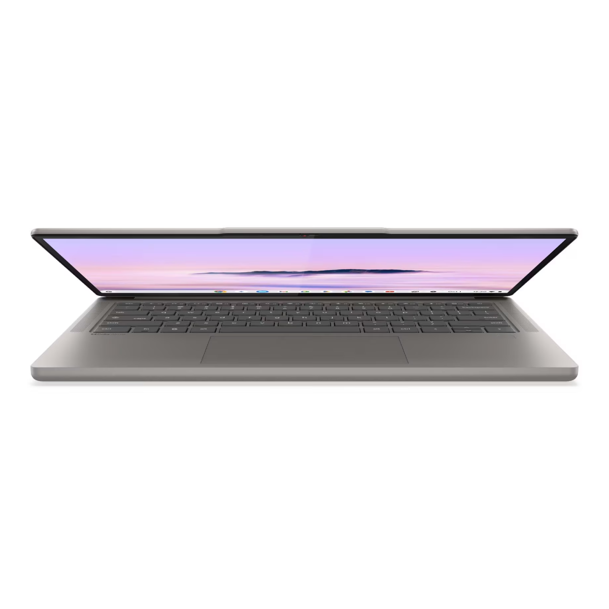 Un laptop argentato è aperto, mostra un desktop con sfondo sfumato viola e bianco. La tastiera è visibile. Lo schermo è inclinato.