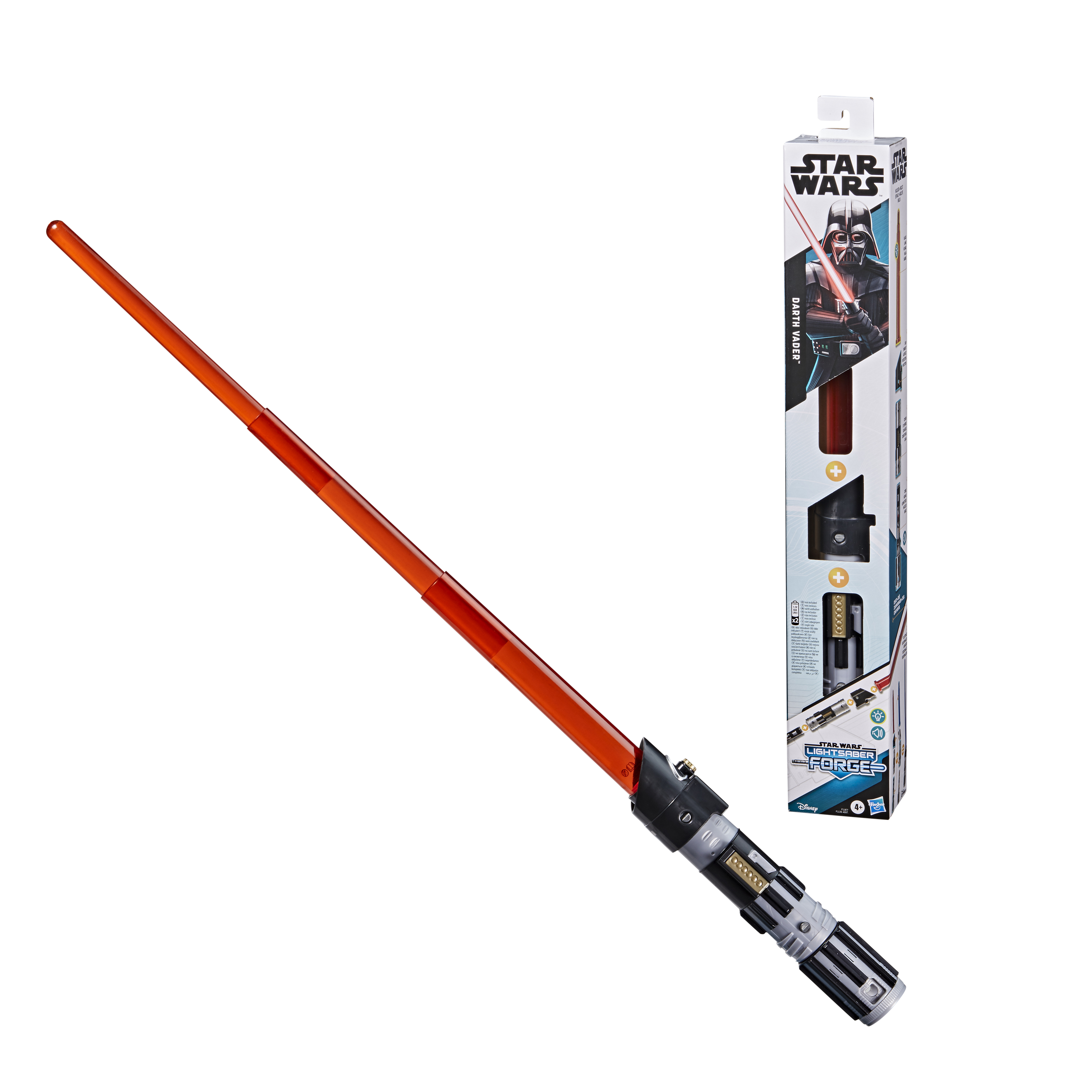 Un juguete de sable de luz Darth Vader de Star Wars. La hoja roja está extendida. El embalaje está a la derecha.