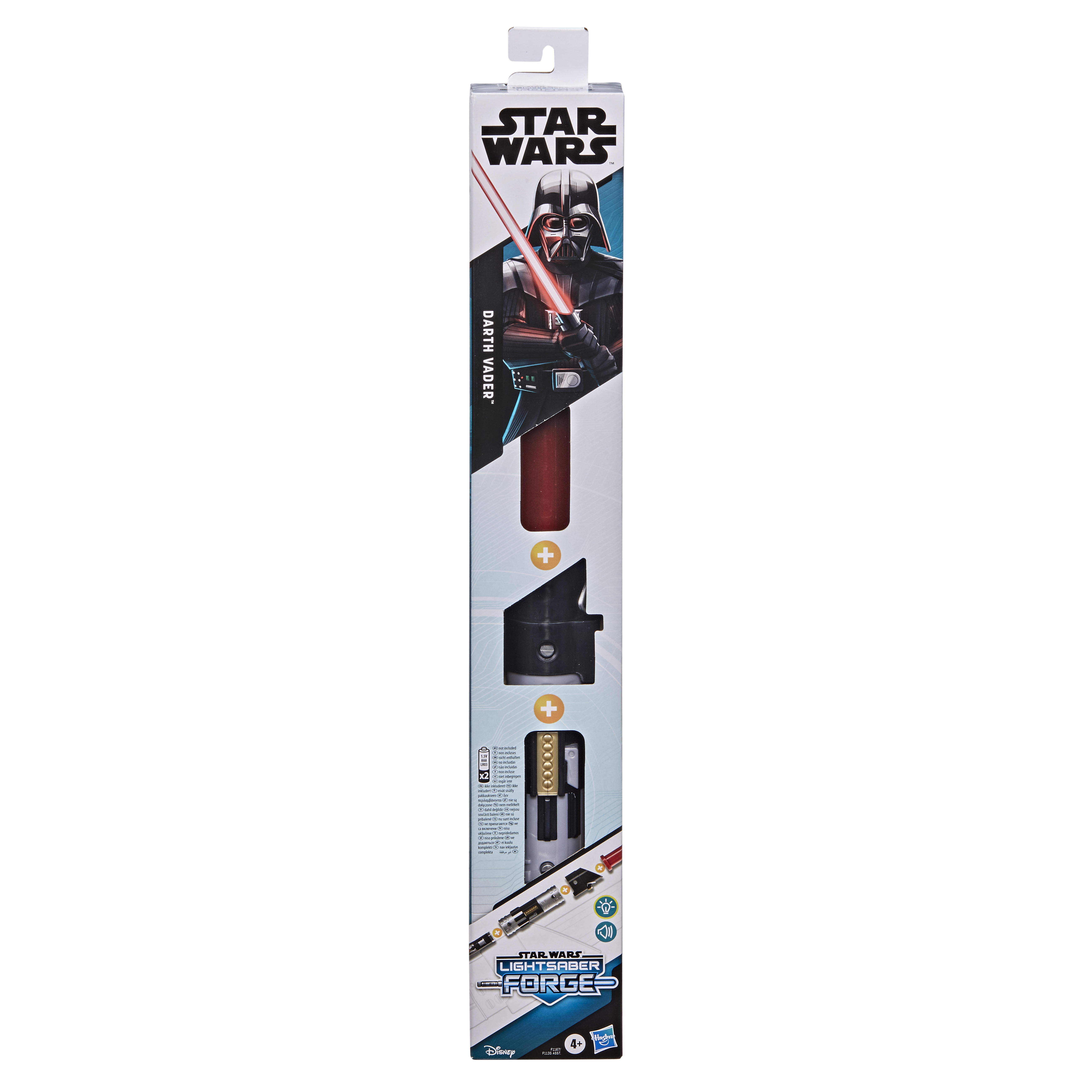 Juguete Star Wars Darth Vader Lightsaber Force en caja. Presenta imagen de Darth Vader, detalles y instrucciones.