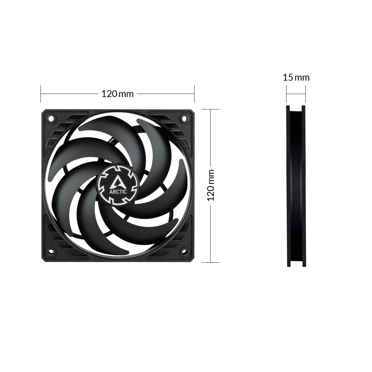 Una ventola per computer nera con pale curve e il logo Arctic. Dimensioni: 120 mm x 120 mm x 15 mm. Sfondo bianco.