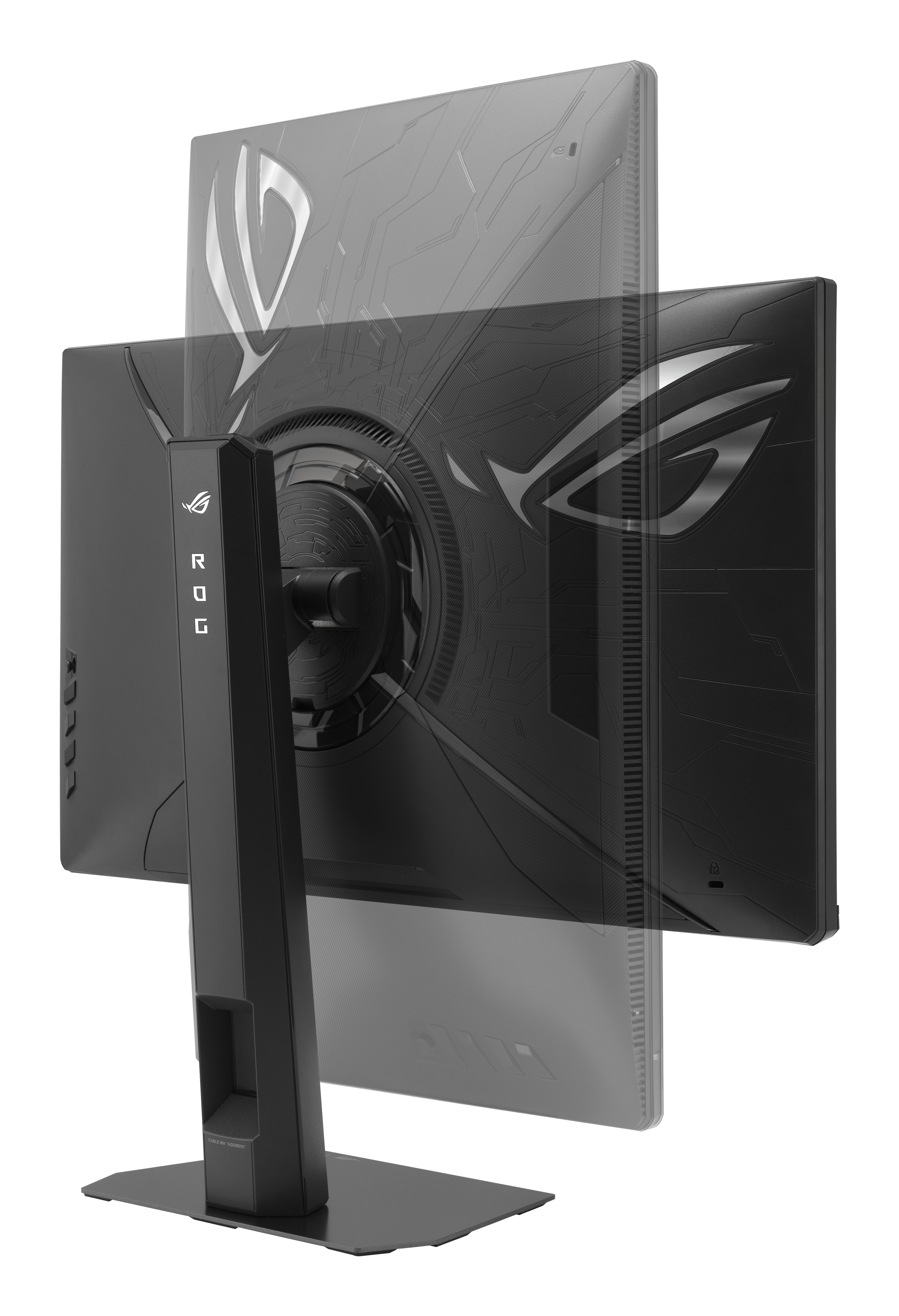 Widok z tyłu czarnego monitora do gier ROG. Ma podstawę i logo ROG z tyłu. Tło jest białe.