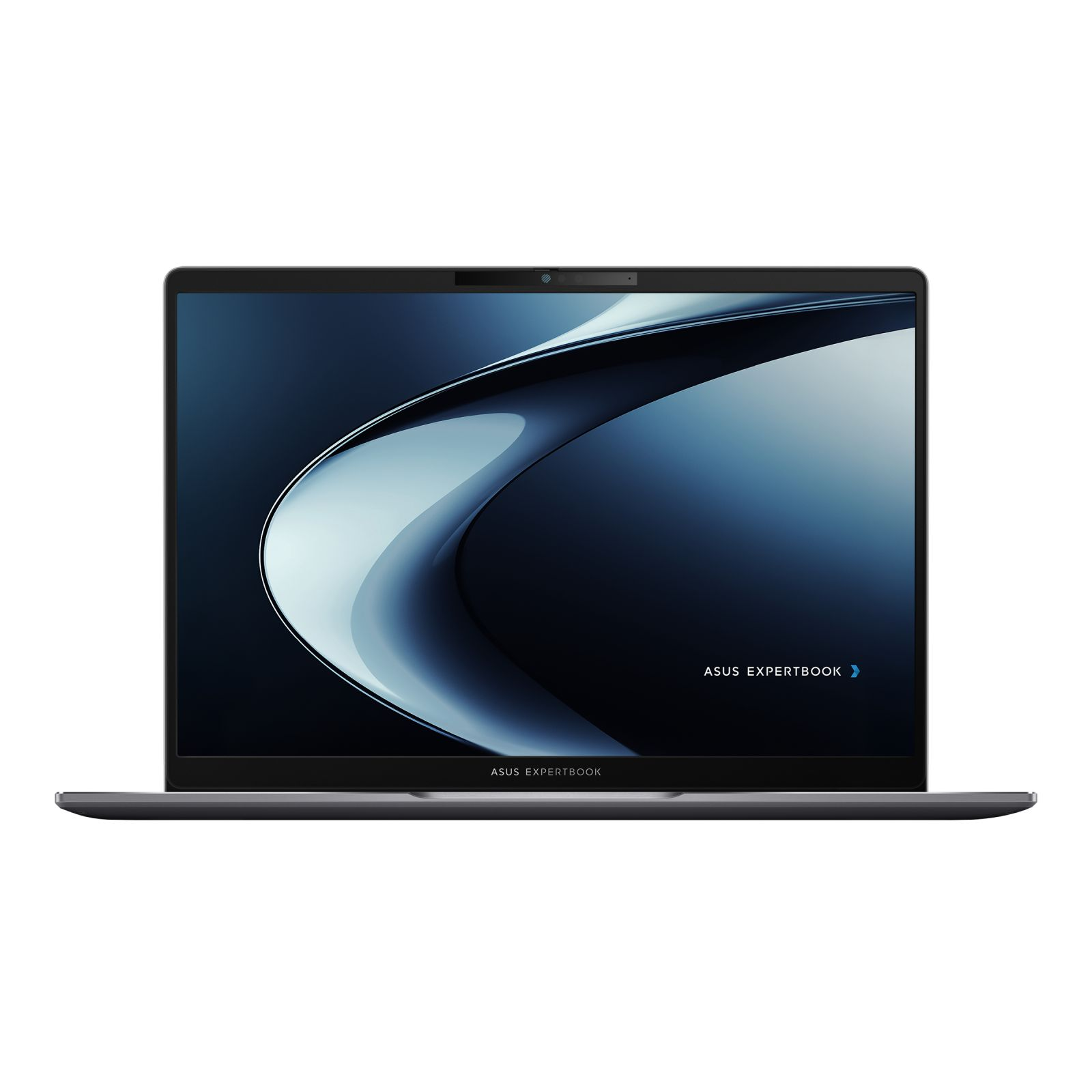 Otwarty srebrny laptop ASUS ExpertBook. Ekran wyświetla ciemnoniebieski i biały wzór fal na białym tle.