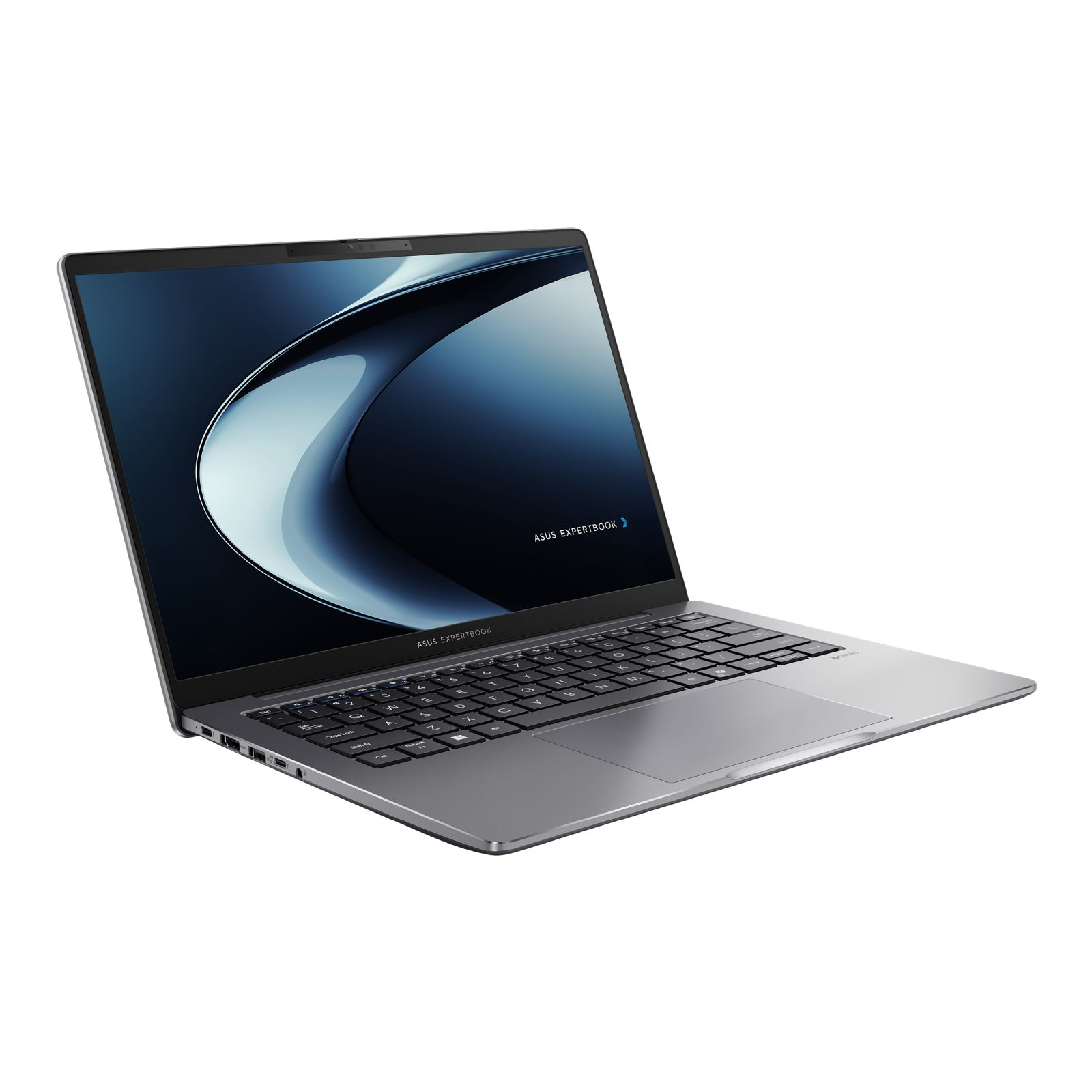 Srebrny laptop jest otwarty. Ekran wyświetla ciemnoniebieski abstrakcyjny obraz. Klawiatura jest czarna, tło białe.