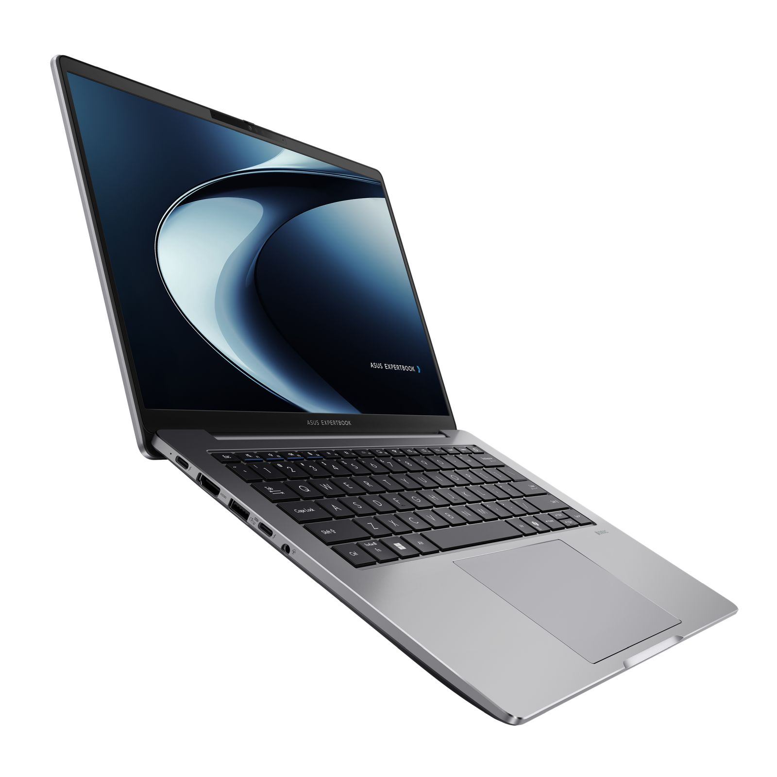 Srebrny laptop ASUS ExpertBook, otwarty pod kątem, z klawiaturą i ekranem z ciemnoniebieskim, abstrakcyjnym wzorem.
