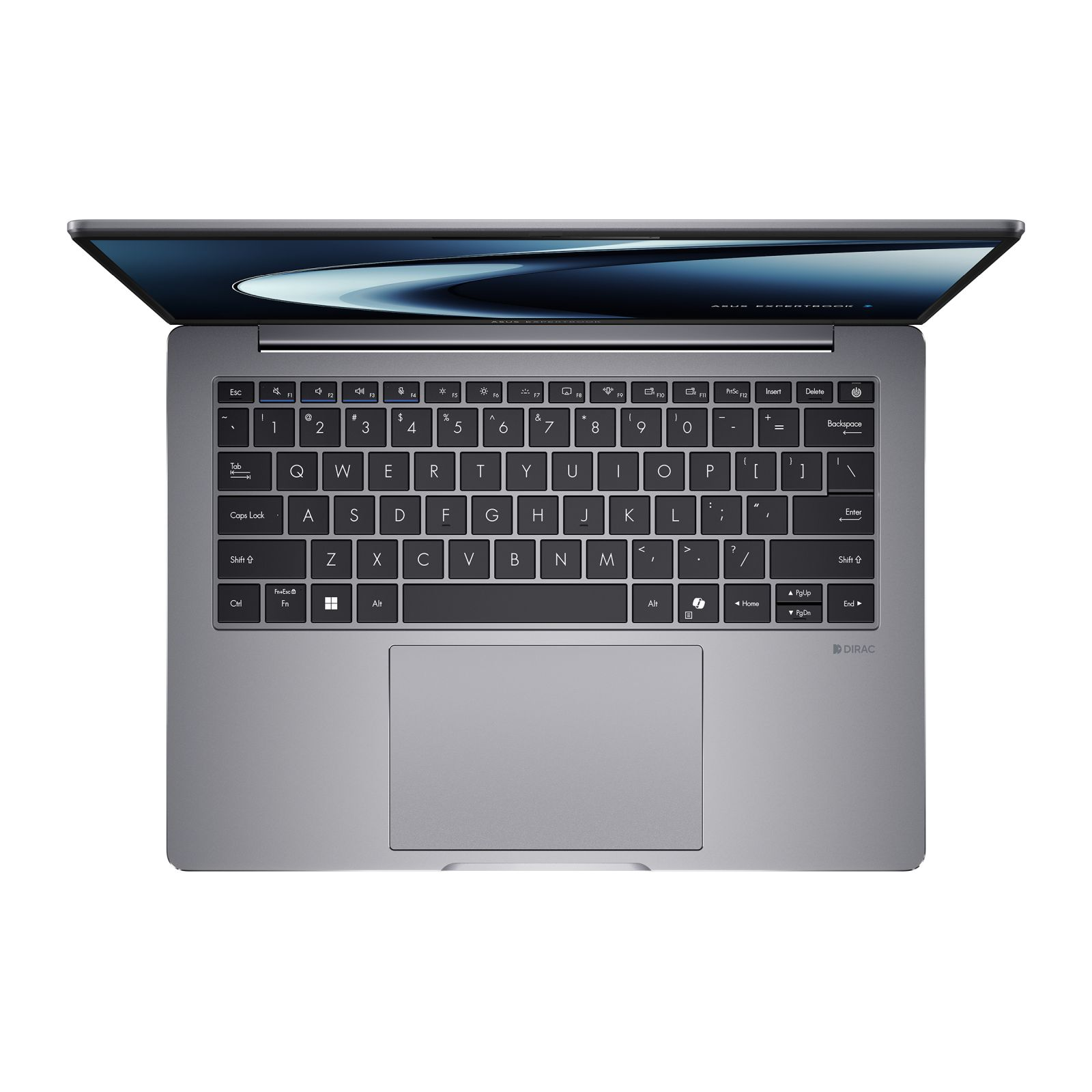 Widok z góry na szary laptop na białej powierzchni. Ekran jest otwarty. Klawiatura jest widoczna.