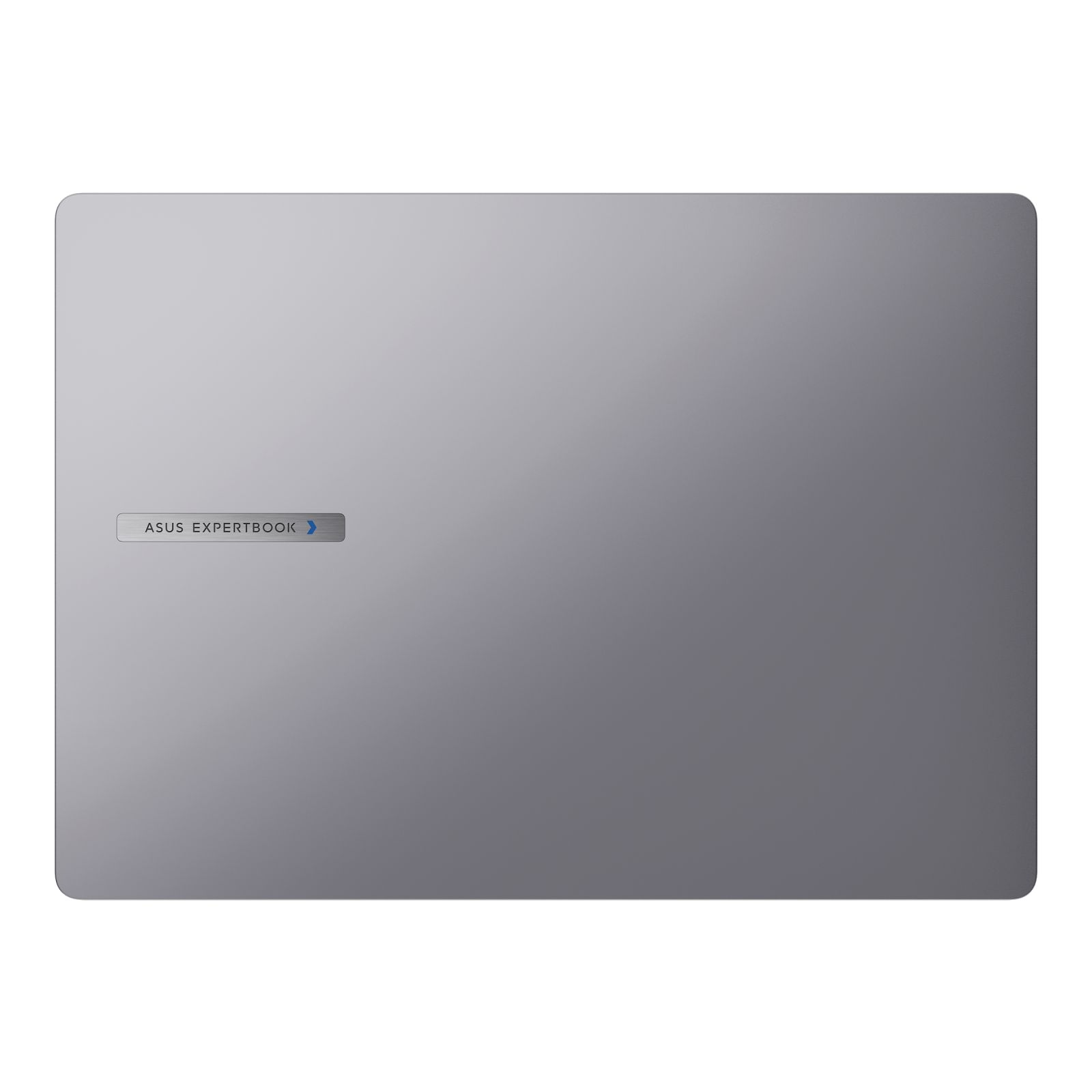 Szary laptop z zaokrąglonymi rogami i logo ASUS Expertbook. Tło jest białe.