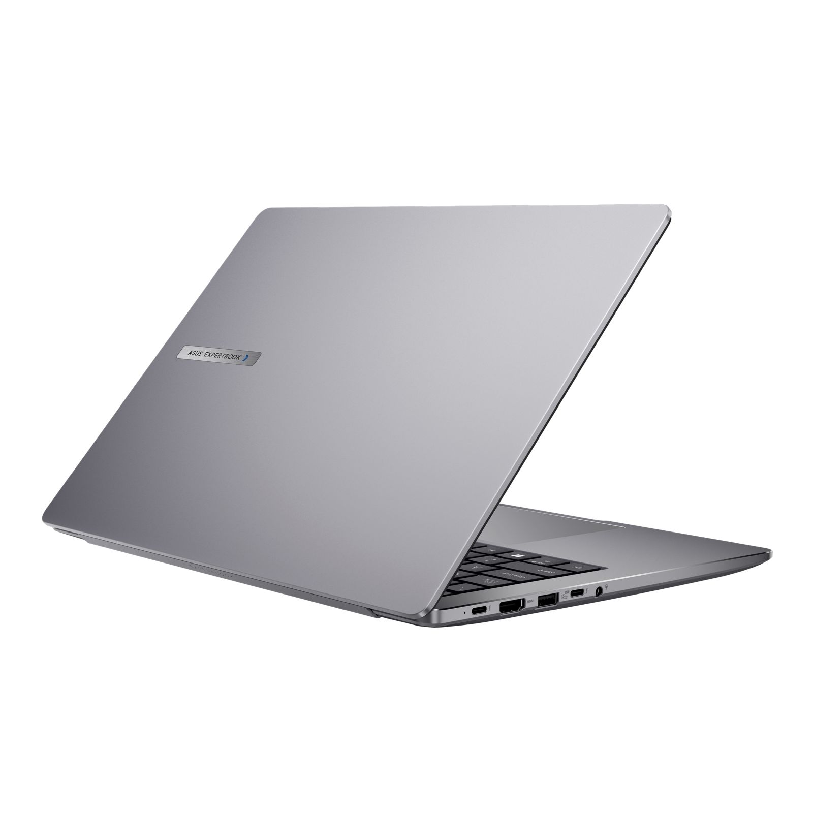 Srebrny laptop, lekko otwarty. Widoczne logo ASUS Expertbook. Tło jest białe.